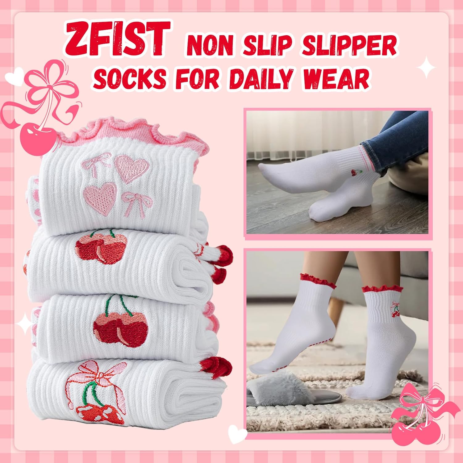 ZFiSt Pilates Socks with Grips for Women,4Pairs Ruffle Yoga Sock Cute Cotton Grippy Socks for Barre Workout Non Slip 5-10in - Image 6