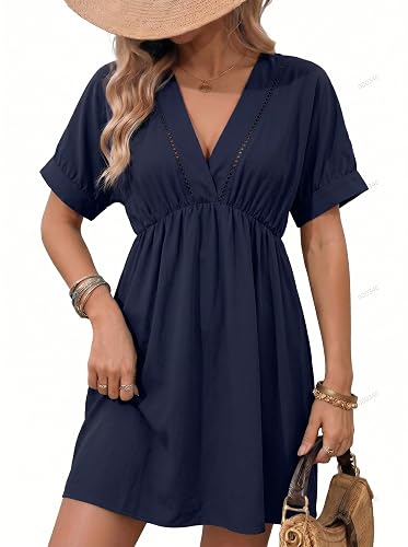 Dokotoo Women's Summer Swimsuit Beach Cover Up Hollow Out V Neck Short Sleeve Bikini Bathing Suit Swim Cruise Outfits for Women 2026 Solid Swimwear Cover-ups Side Slits Flowy Mini Dress Navy Large