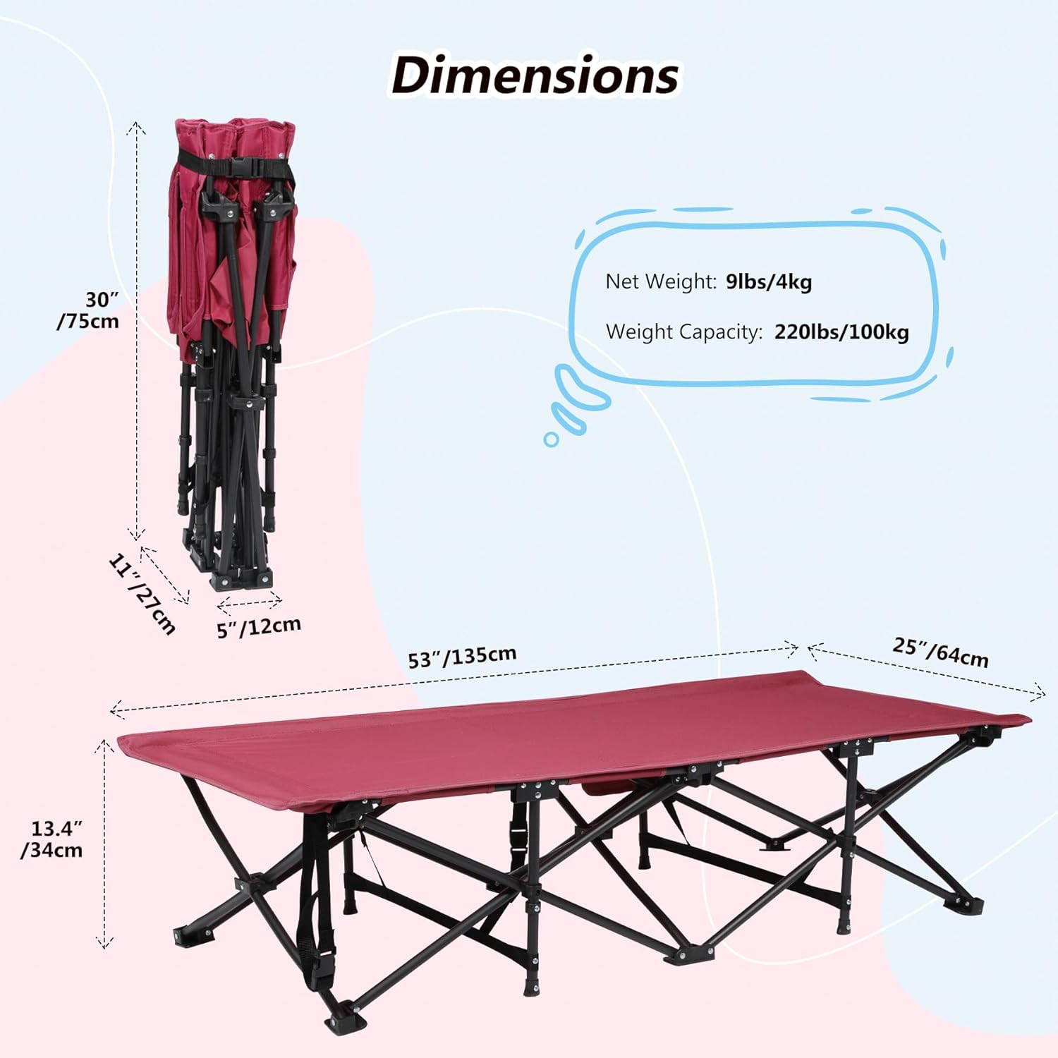 REDCAMP Extra Long Kids Cot for Sleeping 2-7 Years, Portable Travel Toddler Cot Bed with Carry Bag, Lightweight for Outdoor Indoor Home, Wine Red 53''x26''