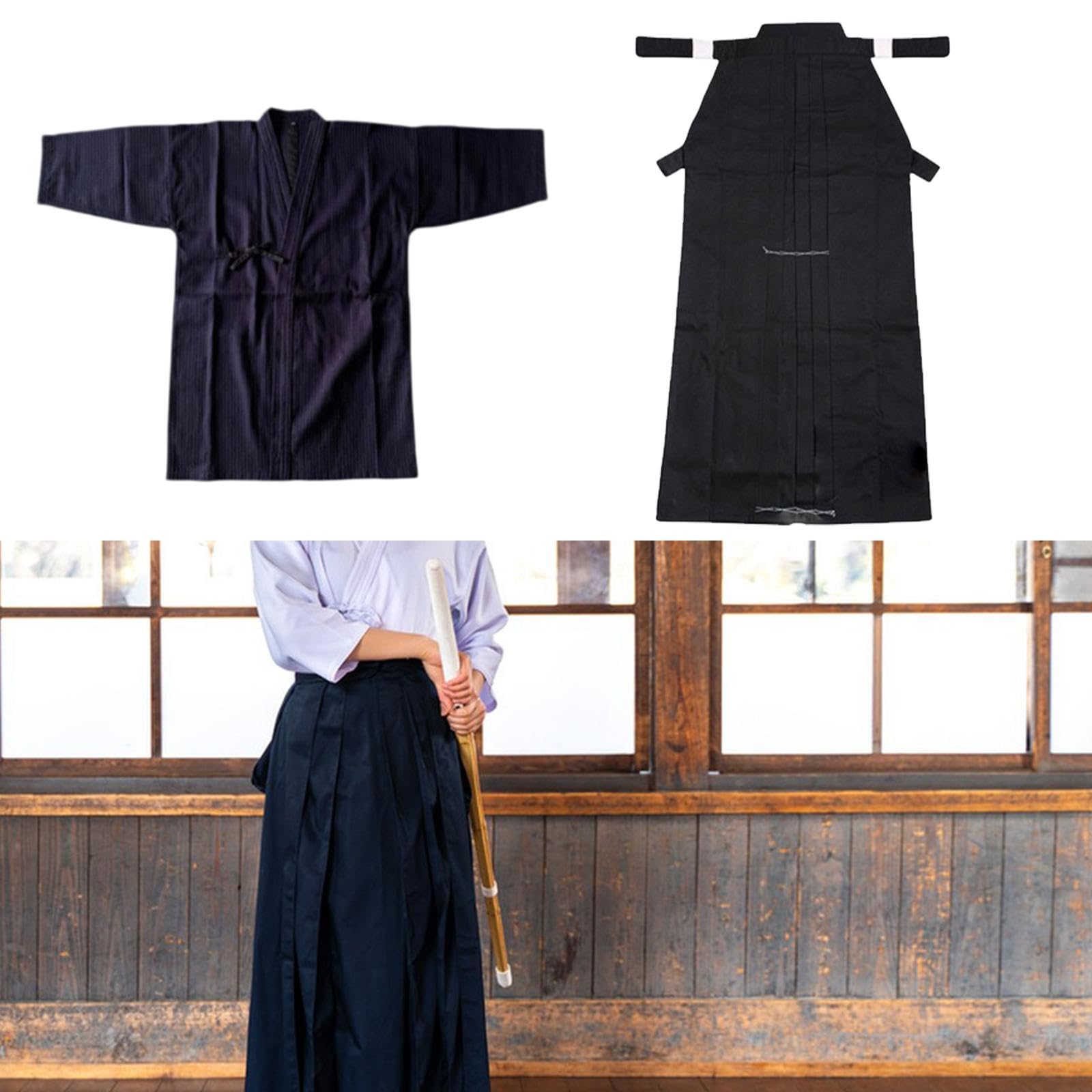 Japanisches Kendo-Uniform-Set, Bekleidung, Kostüm, traditionelles Samurai-Outfit, Blau und Schwarz, 175cm