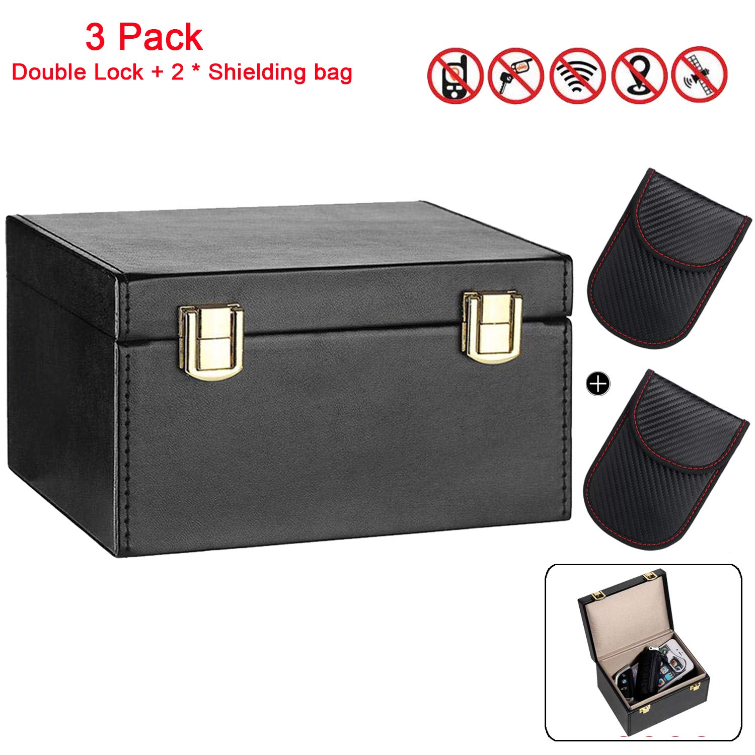 Faraday Box for Car Keys and 2 Pack Faraday Bag for Key Fob Signal Blocking Pouch Double Lock Keyless Entry Car Keys Key Fob Signal Blocker Rfid Box for Car Theft Prevention (Double Lock + 2 Bag)
