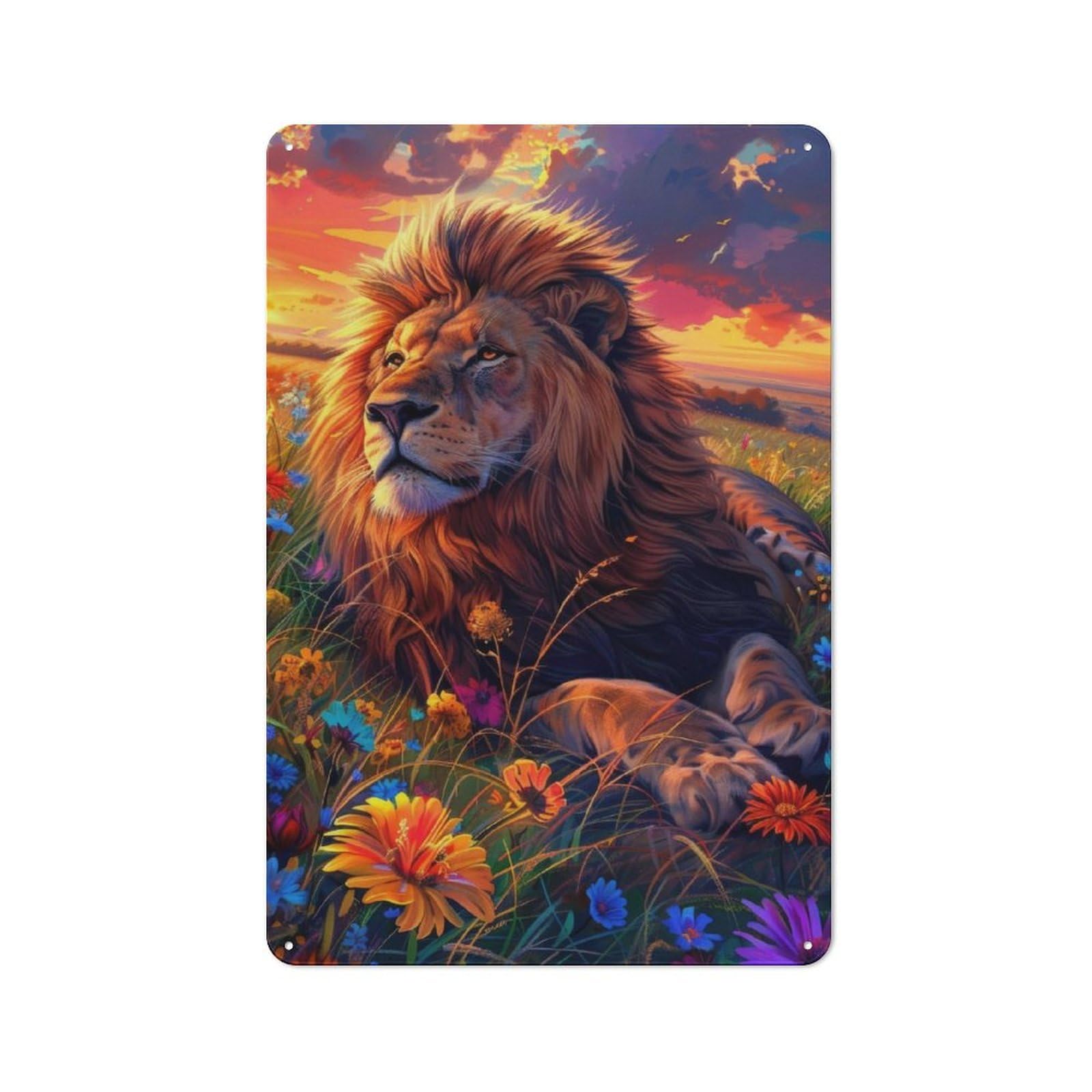 Vintage Tin Sign 30x20cm with Lion In Field Of Flowers for Guest Room Or Hallway, for Vintage Wall Decor Fans, for Themed Room Decoration