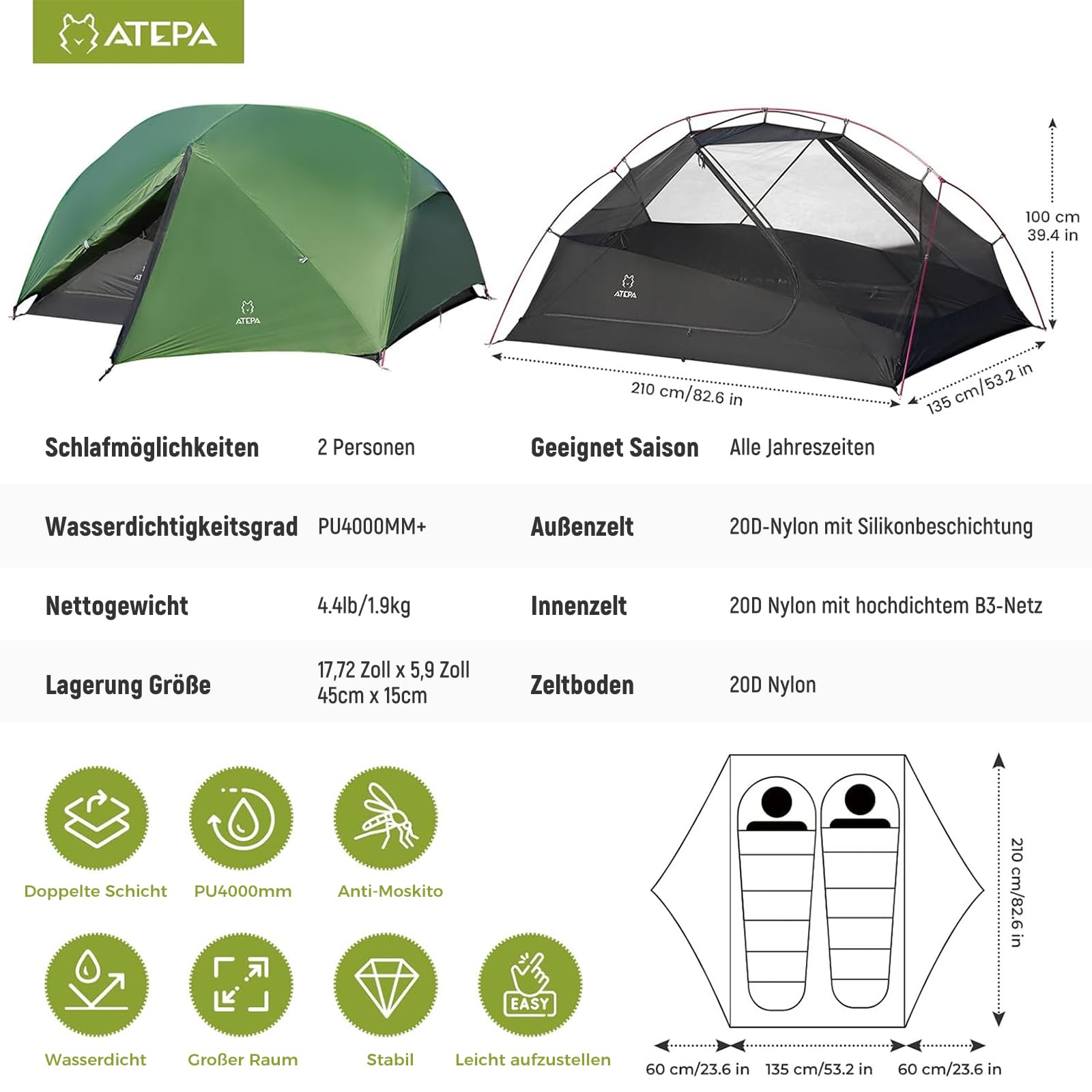 ATEPA Ultraleicht Zelt 2 Personen 1.9kg Wasserdicht & Windschutz, Camping Zelt Abtrennbares Mesh-Innenkonto mit Vorbau für Trekking Camping Bikepacking Outdoor Wandern