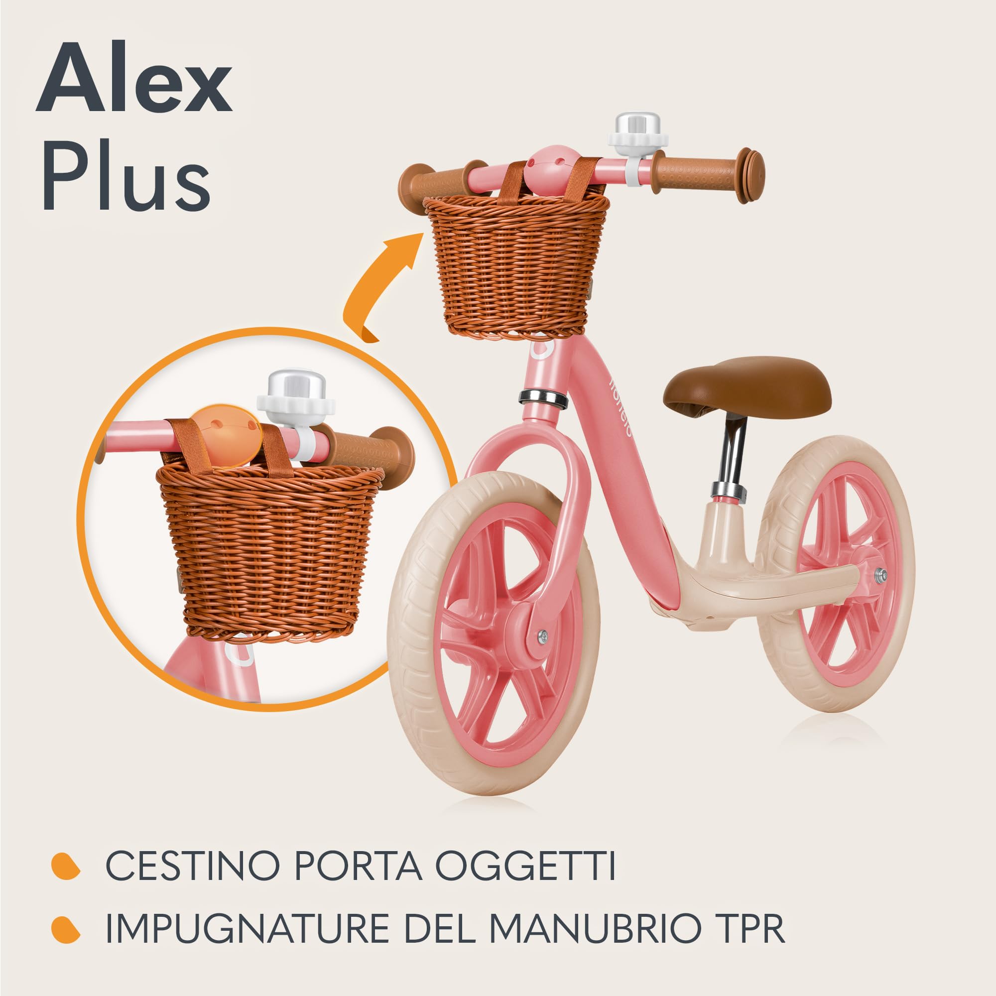 lionelo Alex Bici senza pedali per bambini da 3 anni fino 30kg Resistente e leggera solo 3kg Ruote in schiuma EVA 30cm Manubrio e sella regolabili Blocco dello sterzo Poggiapiedi Cestino