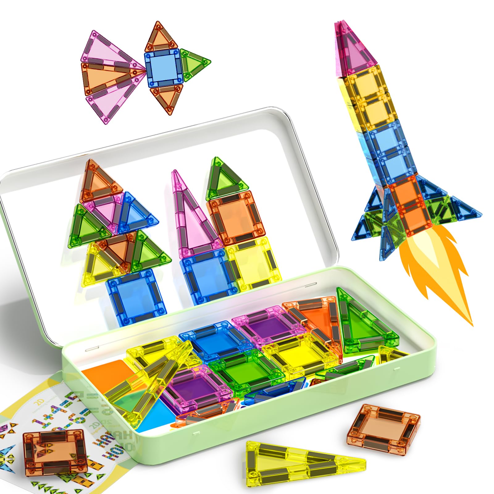 50PCS Mini Magnetic Tiles Travel Toys for Kids Ages 3+, Portable STEM Magnetic Blocks with Storage Tin, Montessori Educational Sensory Toy, Gifts for Boys & Girls, Airplane Car Travel Toys