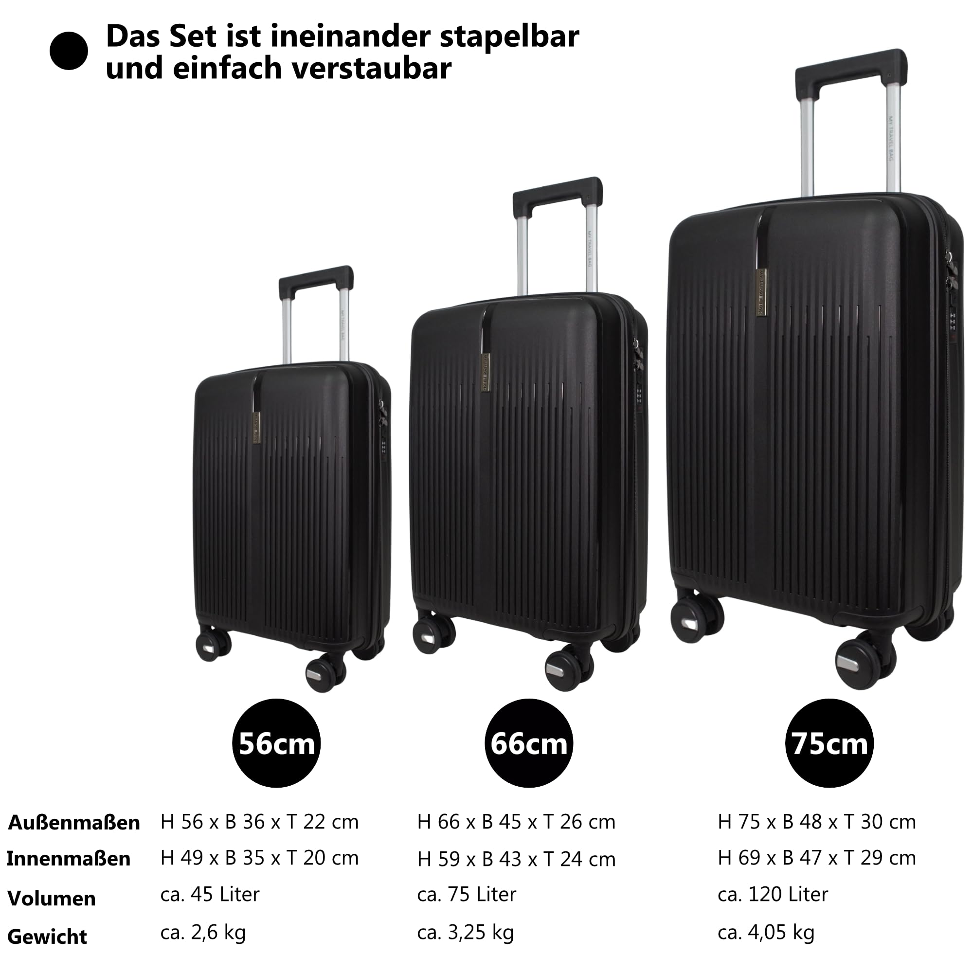 Hartschalen-Koffer Trolley Reisekoffer (Handgepäck-Mittel-Groß-Set) 4 Doppel-Rollen (Anthrazit, Großer Koffer (75cm))