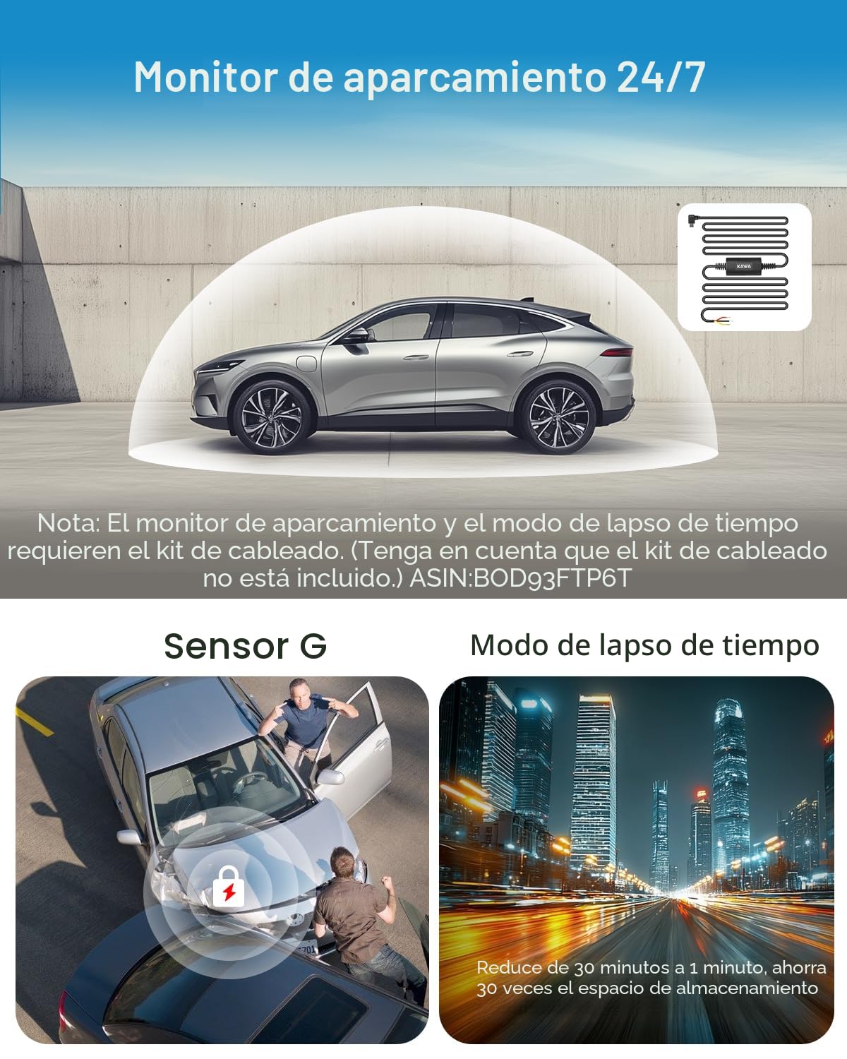 KAWA Dashcam - Pantalla Transparente, 2K1296P Cámara para Coche,Control por Voz, WDR/3D DNR, Visión Nocturna, Sensor G, Supercondensador, Incluye Tarjeta SD 32GB, App Control