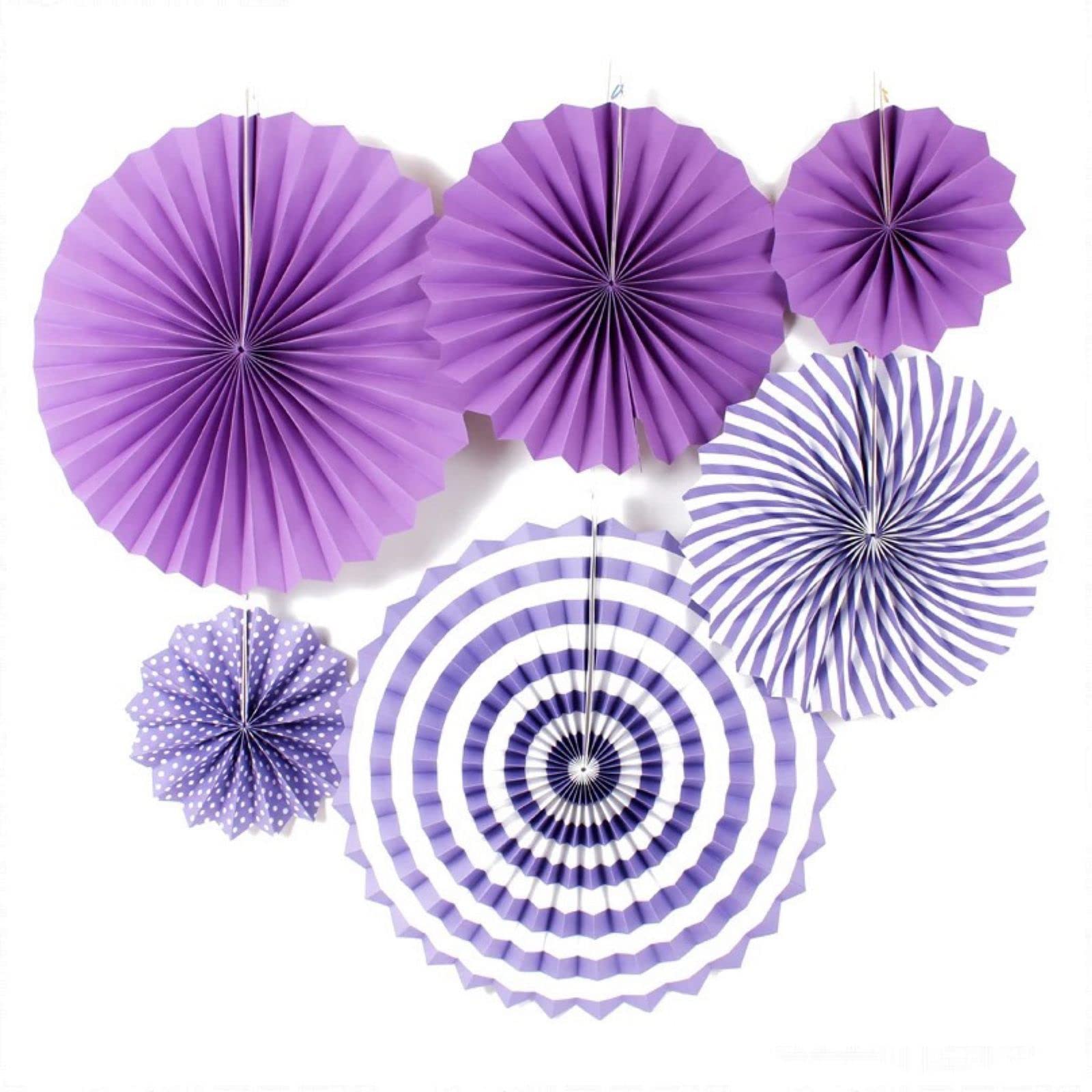 LA FIESTA Purple Paper Fan Decorations - 6 Pc Set - Unicorn, Kids Party Decorations - 2*40 CM, 2*30 CM, 2*20 CM - Easy Assembly - Purple Theme