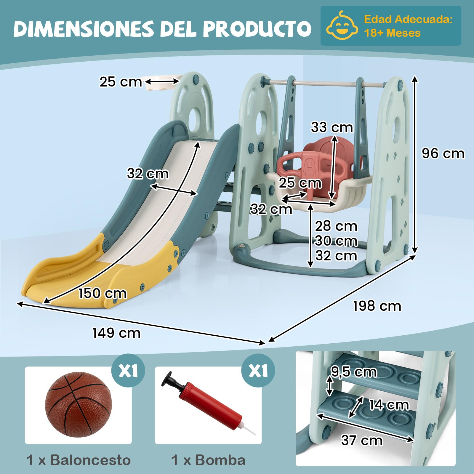 COSTWAY Toboganes Infantiles con Columpio 4 en 1, Tobogán y Columpio para Niños con Aro de Baloncesto y Escalador, Parque Infantil Interior para Niños de 18+ Meses