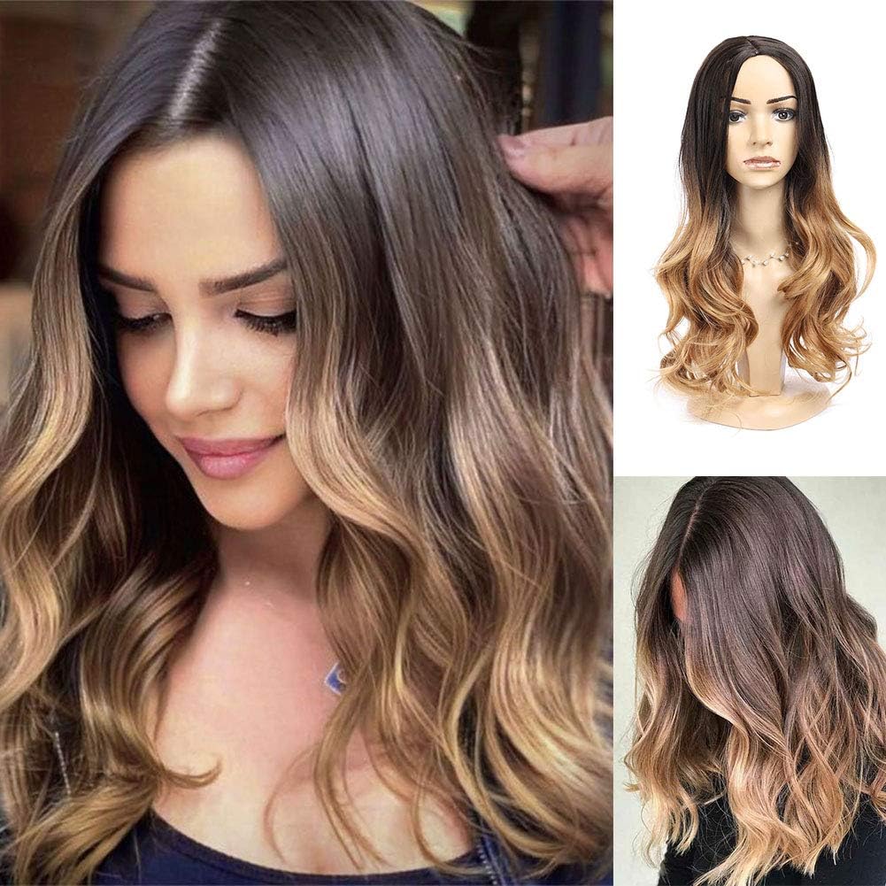 Curly Wave Ombre Wig Ombre Wig Blonde Light Brown Middle Part Long Wavy Wig Heat Resistant Synthetic Daily Party Wig for Women ombre color Synthetic Cosplay Wig for Girl Costume Wigs (Blonde)