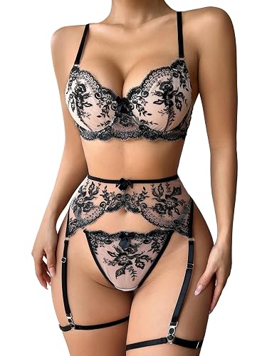 Lilosy Sexy Floral Embroidery Mesh Sheer Underwire Push Up Garter Belt Lingerie Set 3 Piece - X-Small - Black