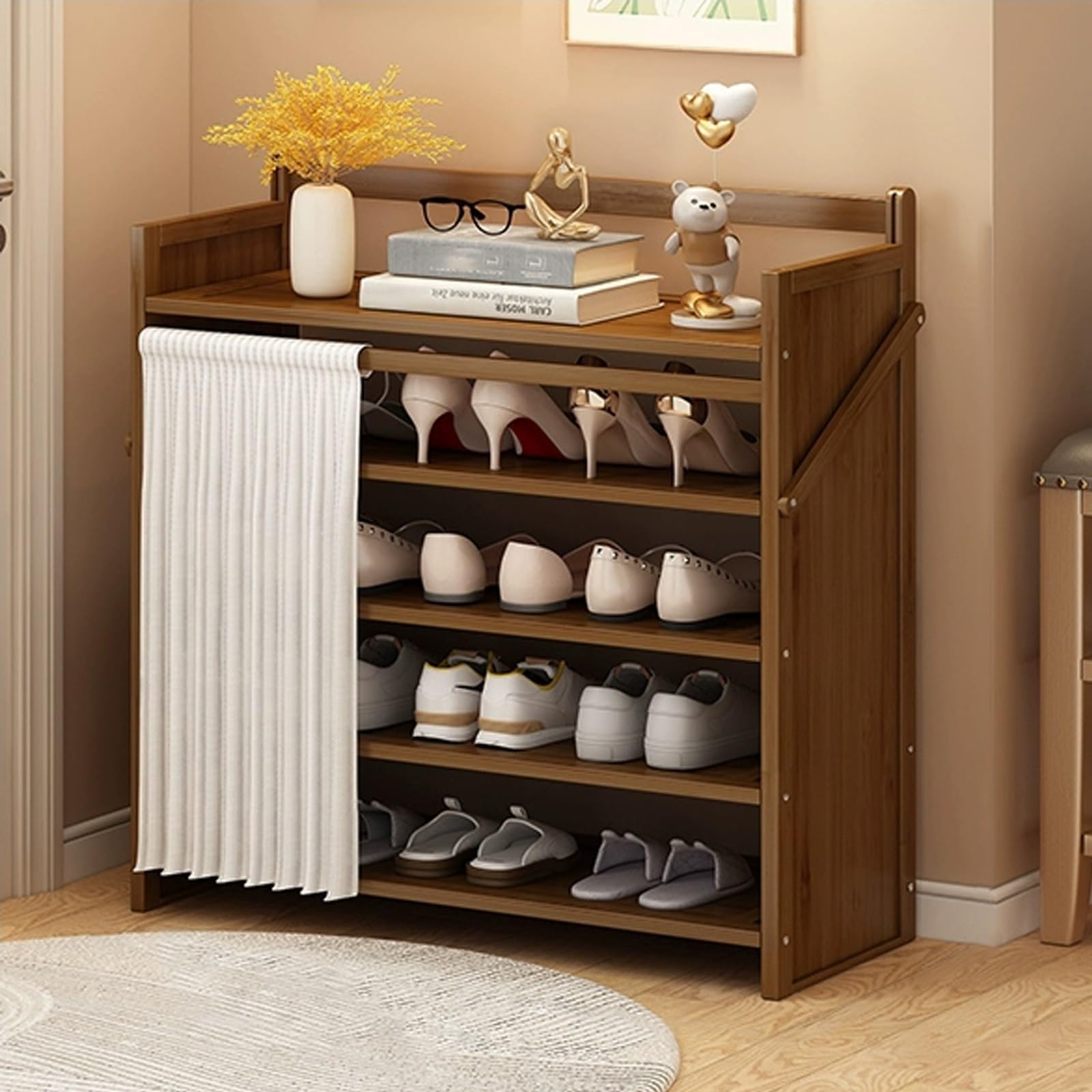 SVFOEBJM Wood lyjc Rack, Folding lyjc Rack, lyjc Cabinet for Entryway, lyjc Cabinet with Curtains, lyjcs Racks for Hallway, Bedroom, Balcony, Kitchen, No Installation