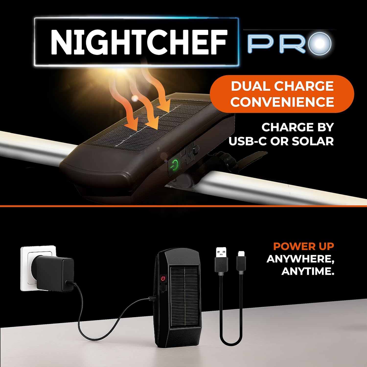 Night Chef Pro Outdoor Grill Light - Solar & USB-C Rechargeable LED BBQ Light Auto On/Off Tilt Sensor, Universal Mount, Weatherproof Grill Accessory for Blackstone, Weber & Most Grills
