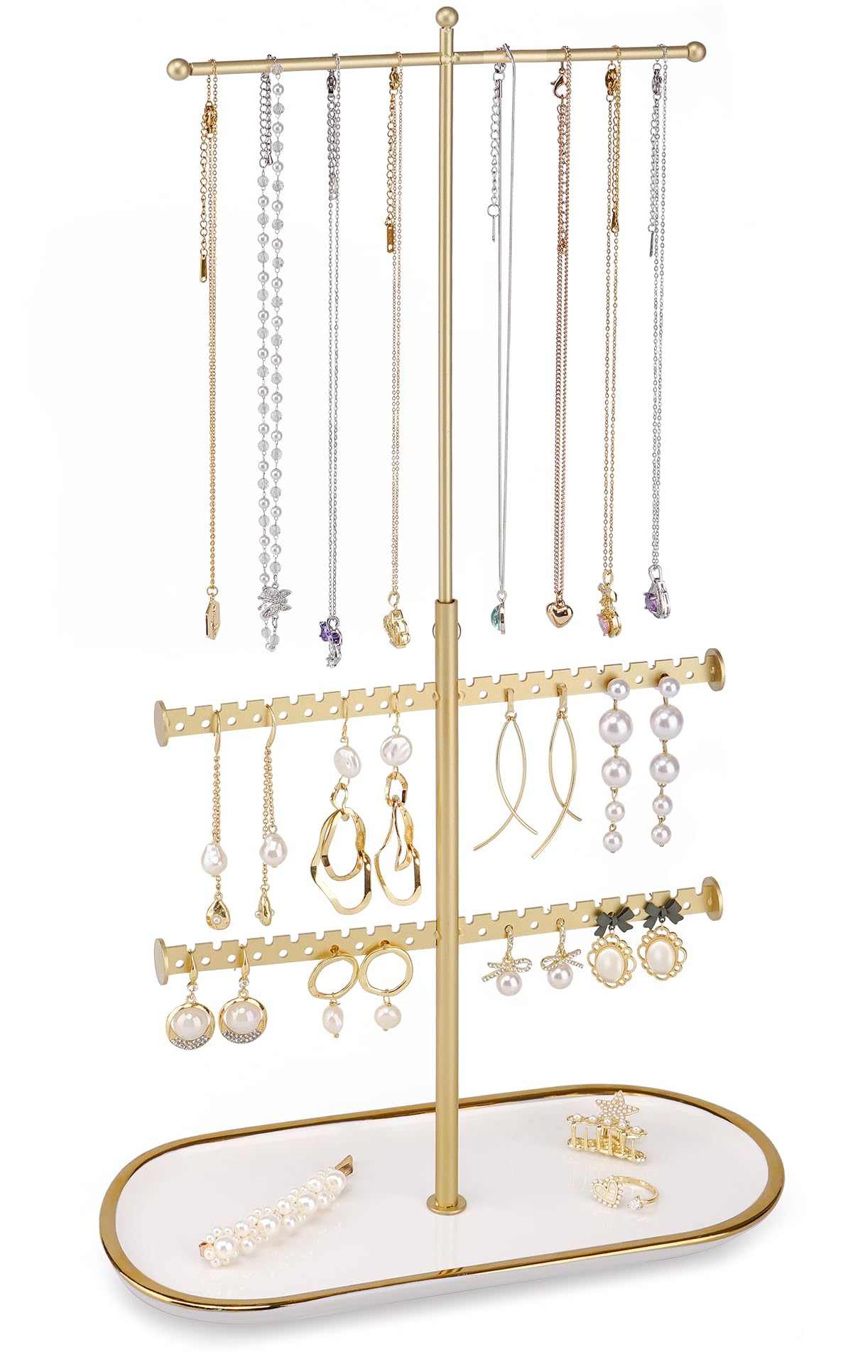 Jenseits Gold Jewelry Organizer Stand with Ceramic Tray – Cute Jewelry Holder for Necklaces, Earrings, Rings & Bracelets, Decorative Jewelry Display
