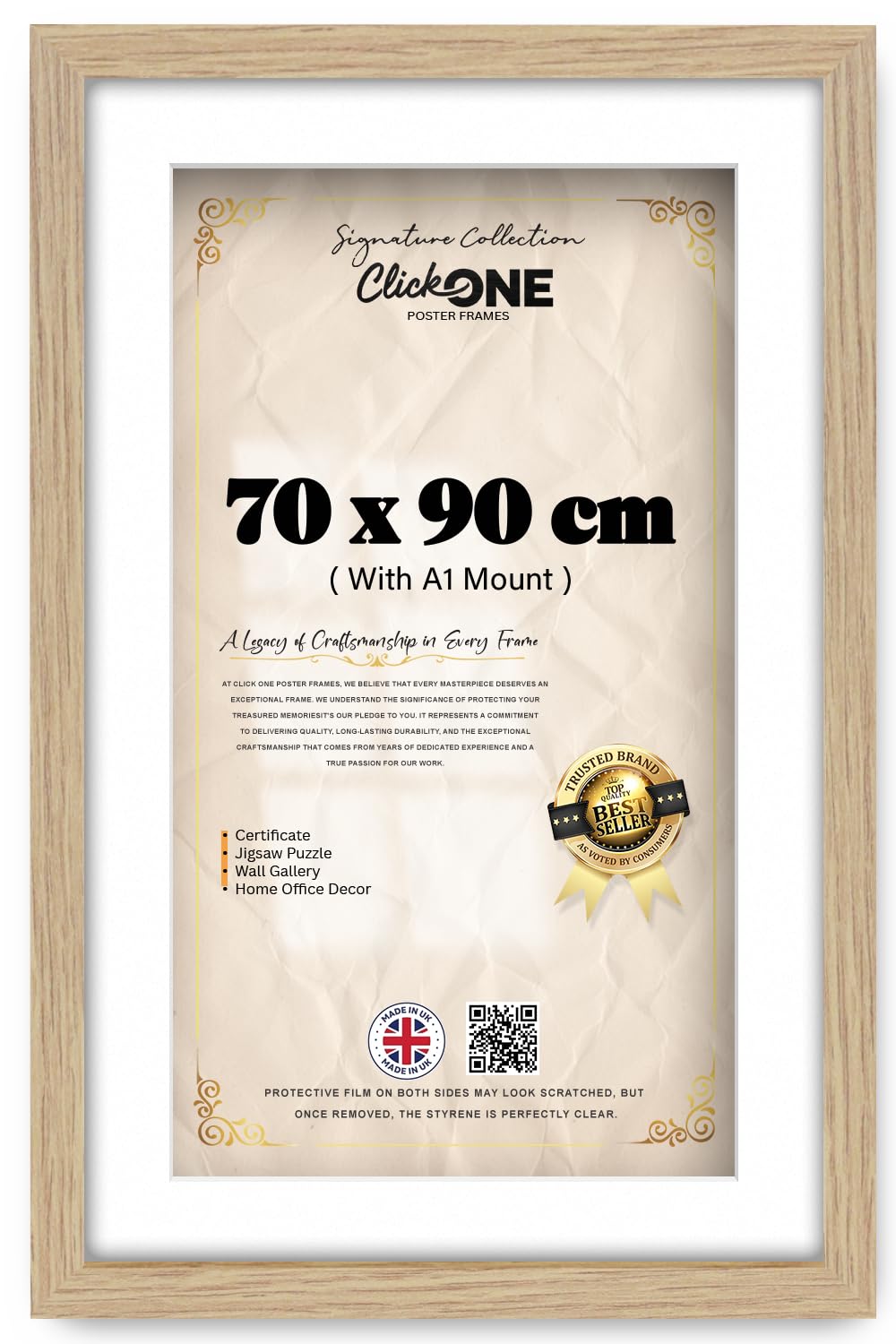 Click One Oak 90 X 70 Cm Poster Frame With A1 59.40 X 84.10 Cm White Mount For Paintings And Photos In Vertical Or Horizontal Layouts Contemporary Touch For Living Room Or Gallery 36 X 28 Inch