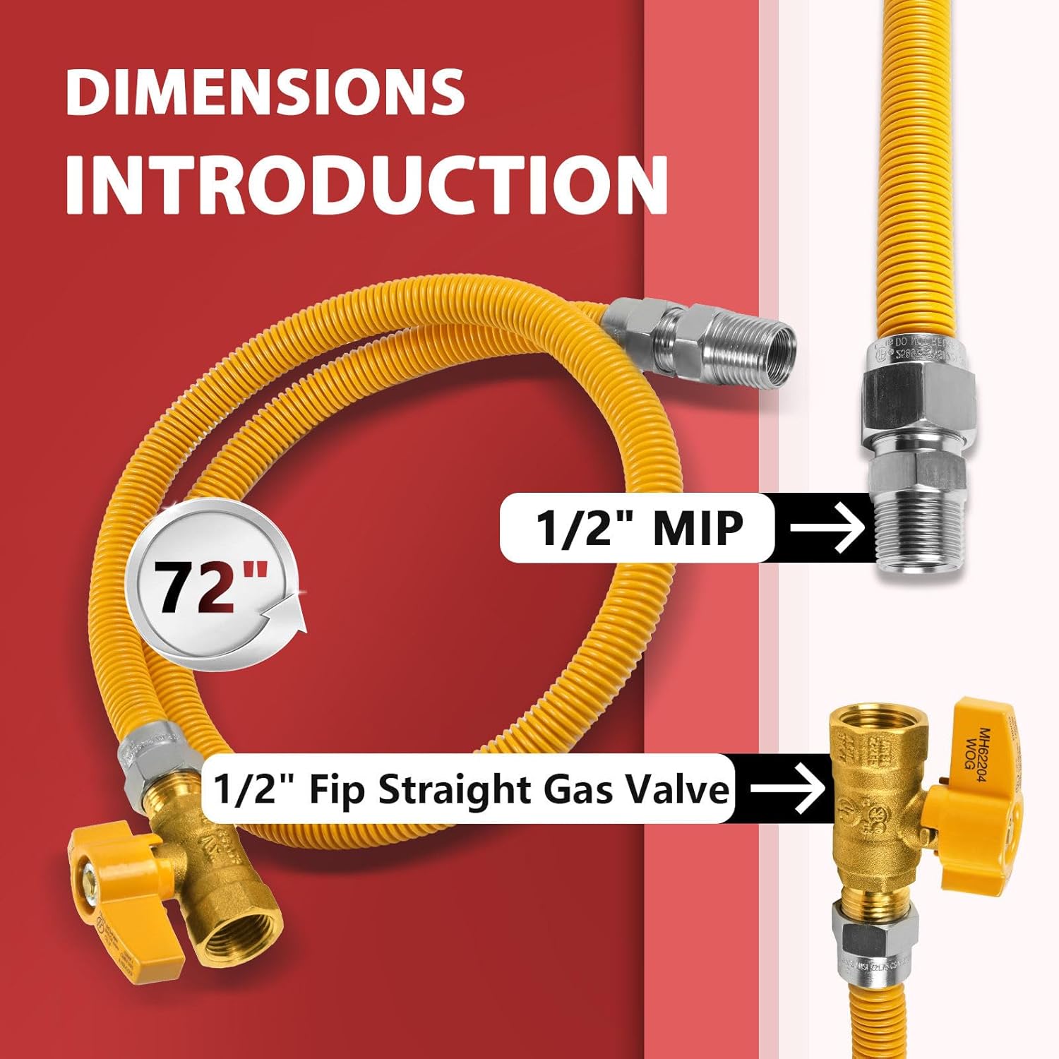 Efield 72-Inch Flexible Gas Line Connector, 1/2" MIP x 1/2" FIP Straight Gas Valve Brass Adapter, Stainless Steel Gas Hose, Yellow,(HOSE079)
