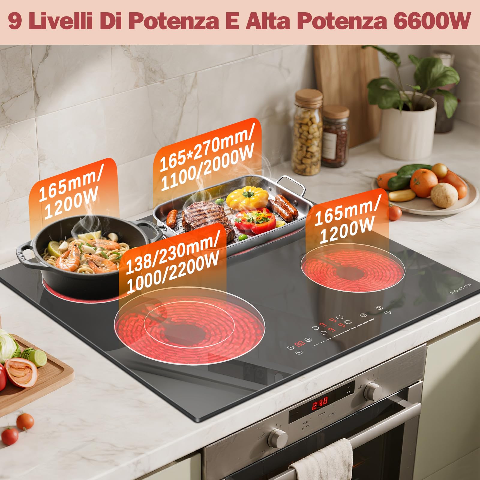 NOXTON Plaque Vitrocéramique 4 Feux, Plaque Electrique Encastrable 6600W, 60 cm Plaque de Cuisson Vitrocéramique avec Zone Ovale, 9 Niveaux de Puissance, Minuterie, Sécurité Enfants
