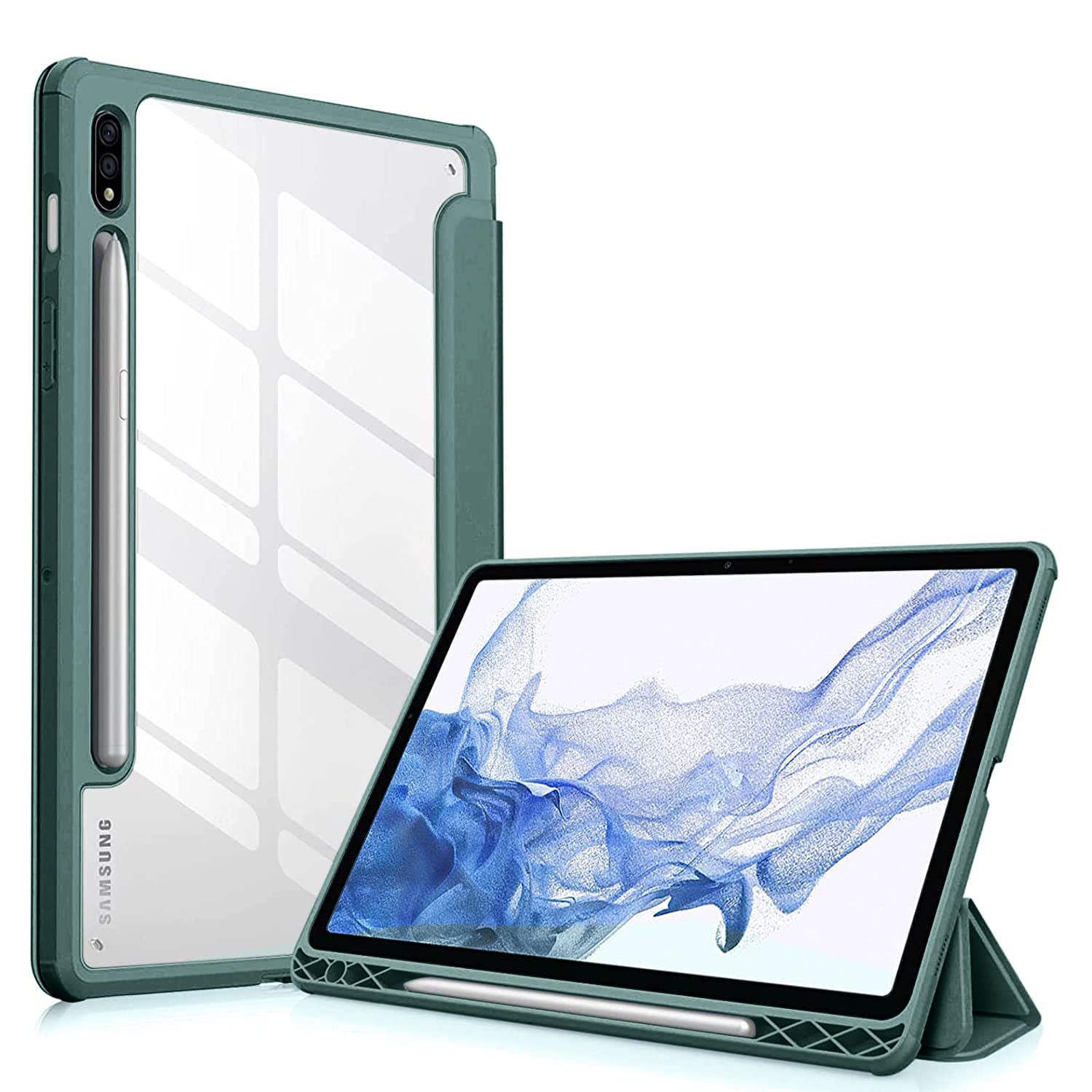 SwooK Hybrid Case for Samsung Galaxy Tab S8 / S7 11 inch SM X700 X706 T870 T875 T878 with S Pen Holder Shockproof Clear Back Shell Auto Wake/Sleep Flip Cover Case (S7 / S8 11 inch, Midnight Green)-image-34
