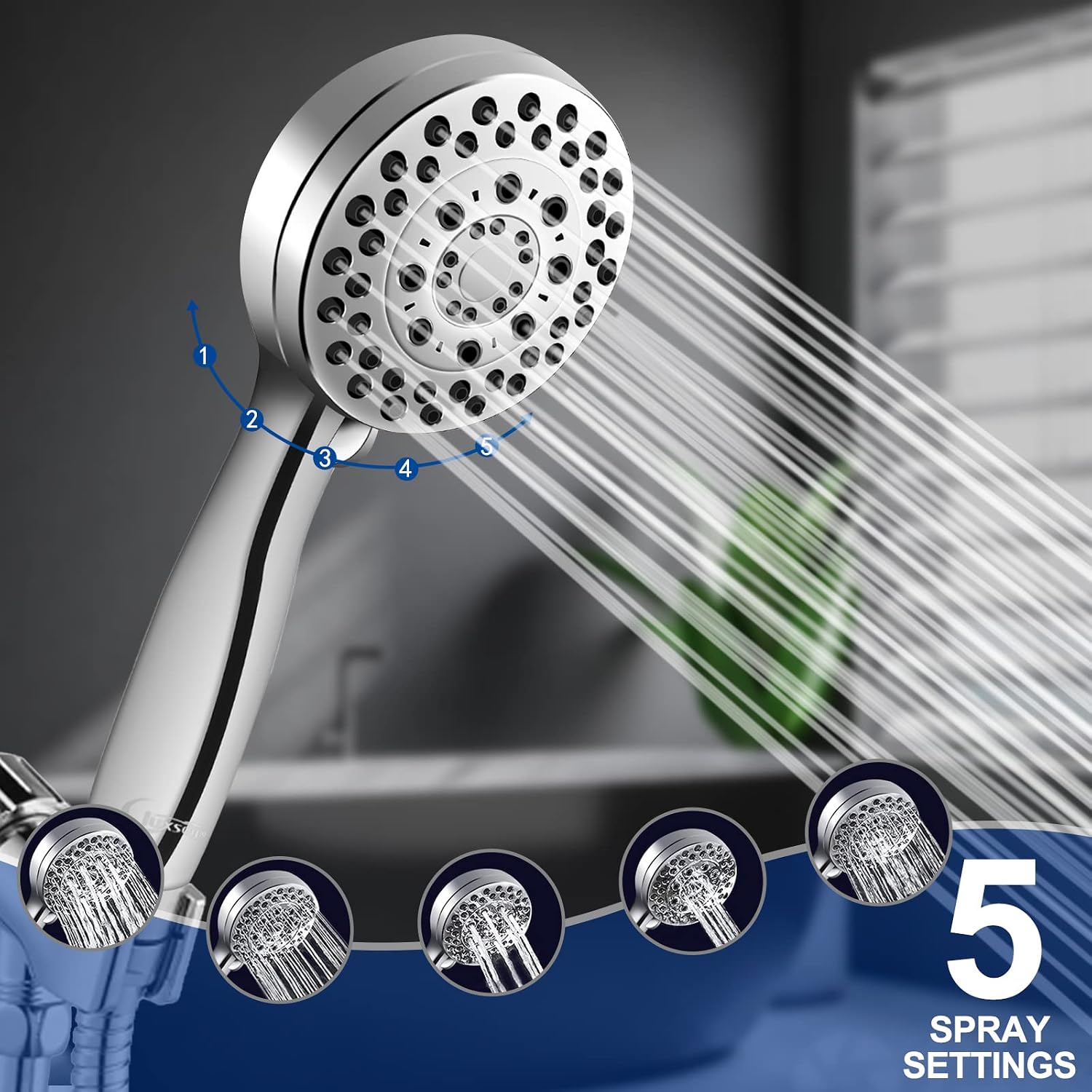 Luxsego Shower Head with Handheld, 5-Setting Detachable Shower Head with Powerful Anti-Clogging Nozzles, High Pressure RV Shower Head Sets with 59" Stainless Steel Shower Hose and Bracket, Chrome