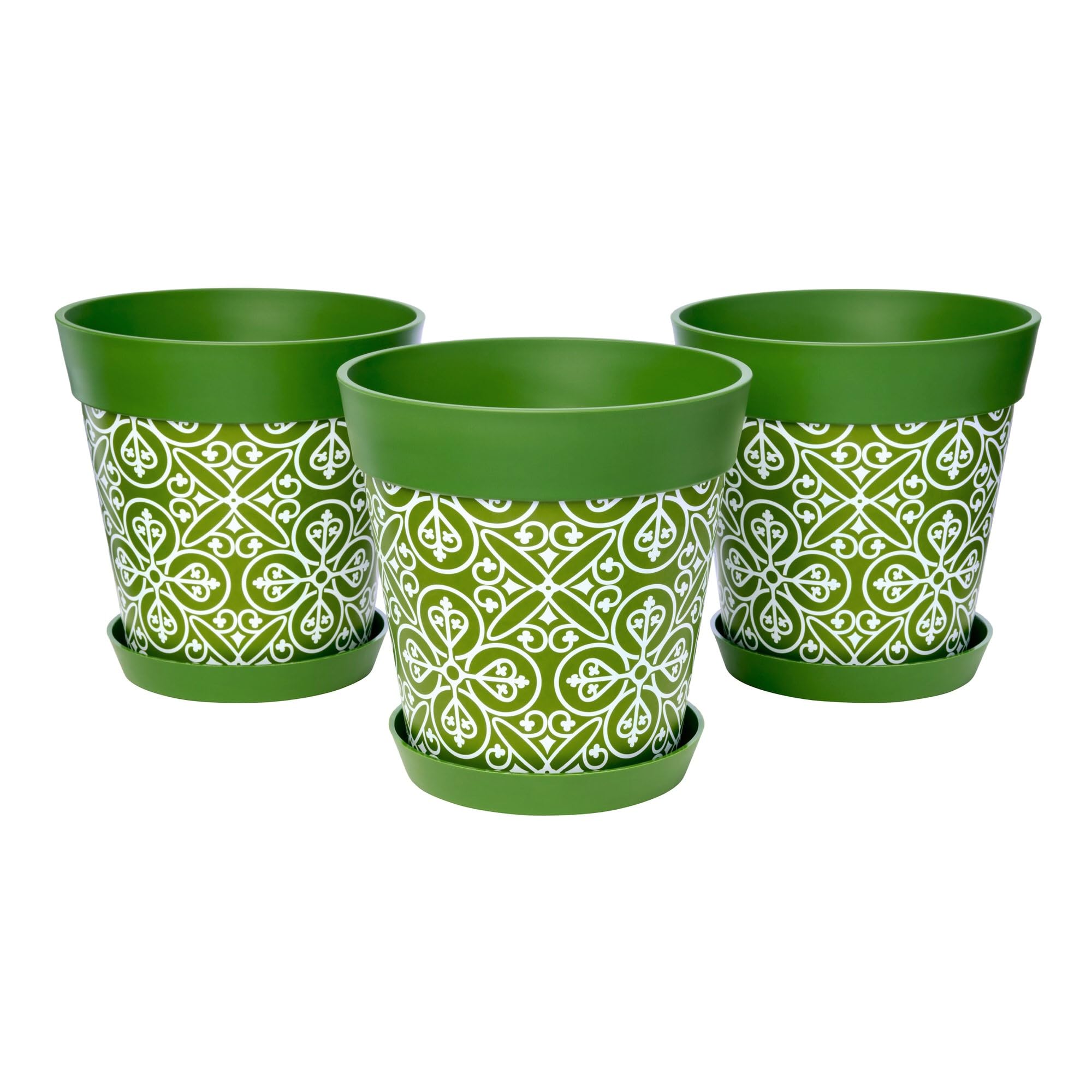 Hum Flowerpots Green Maroc Set Of 3 Plastic, Indoor/Outdoor Plant Pots 22Cm Diameter And 3 Saucers 17Cm Diameter (Green Maroc)