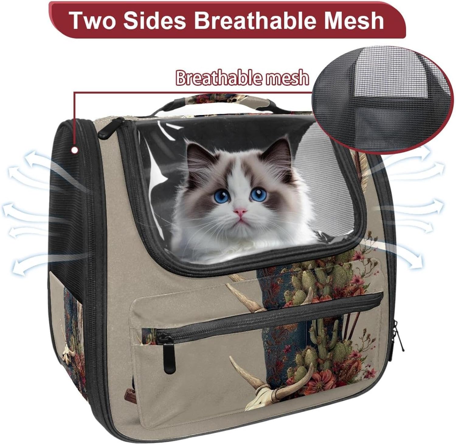 Portable Travel pet Backpack Carrier Hamster Bag Small Dog cat Carrier Breathable Hang Bag, Wild West Cowboy Boot Animal Skull Cacti (1)