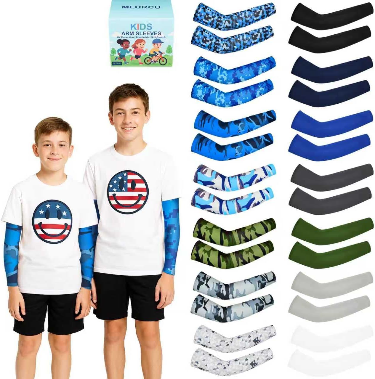 14 Pairs Arm Sleeves for Kids Youth Football Baseball Basketball UV Sun Protection Cooling Arm Sleeves for Boys Girls