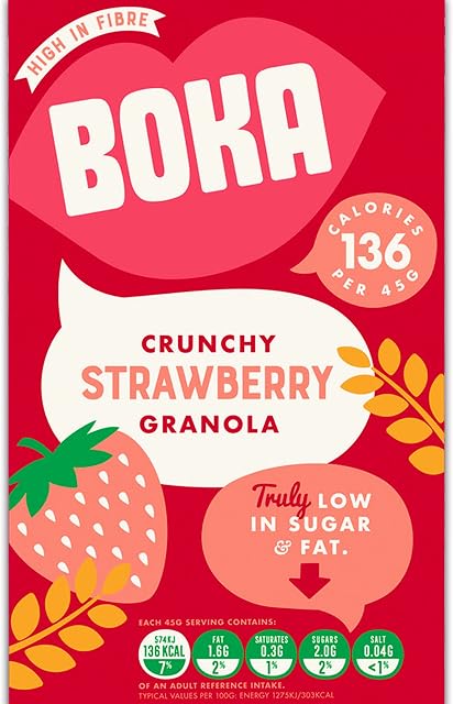 Boka Food - Crunchy Strawberry Granola  Low Sugar -Low Fat  High in Fibre  Vegan  Great for Gut Health  Healthy Everyday Breakfast  (1 x 400g)