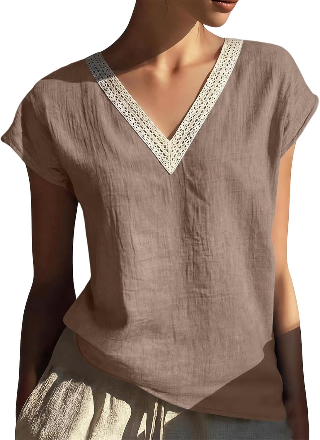 Women's Cotton Top V-Neck Lace Collar Casual Shirt Fashion Breathable Short Sleeve Tops Lightweight Dressy Blouses