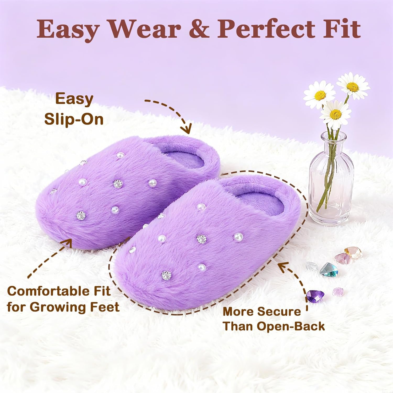 Girls Fluffy Slippers with Pearls & Crystals, Plush Low Heel House Shoes with Non-Slip Memory Foam for Winter Indoor - Image 5