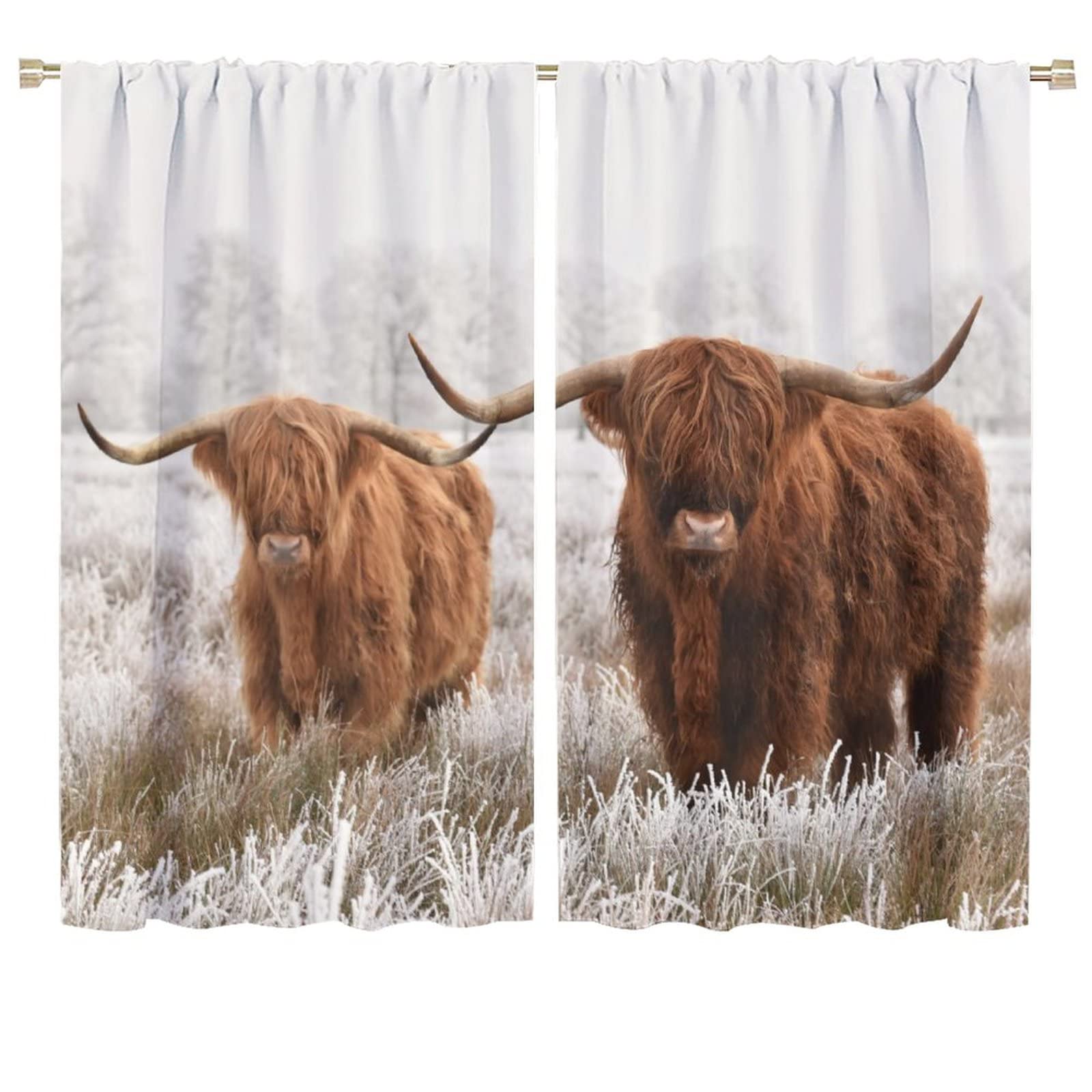 JESTRONRY Funny Highland Cow Window Curtain,Farmhouse Animal Wildlife Bull Cattle Western Style Blackout Window Door Curtains for Bedroom Living Room Kitchen Decor W72xL63in