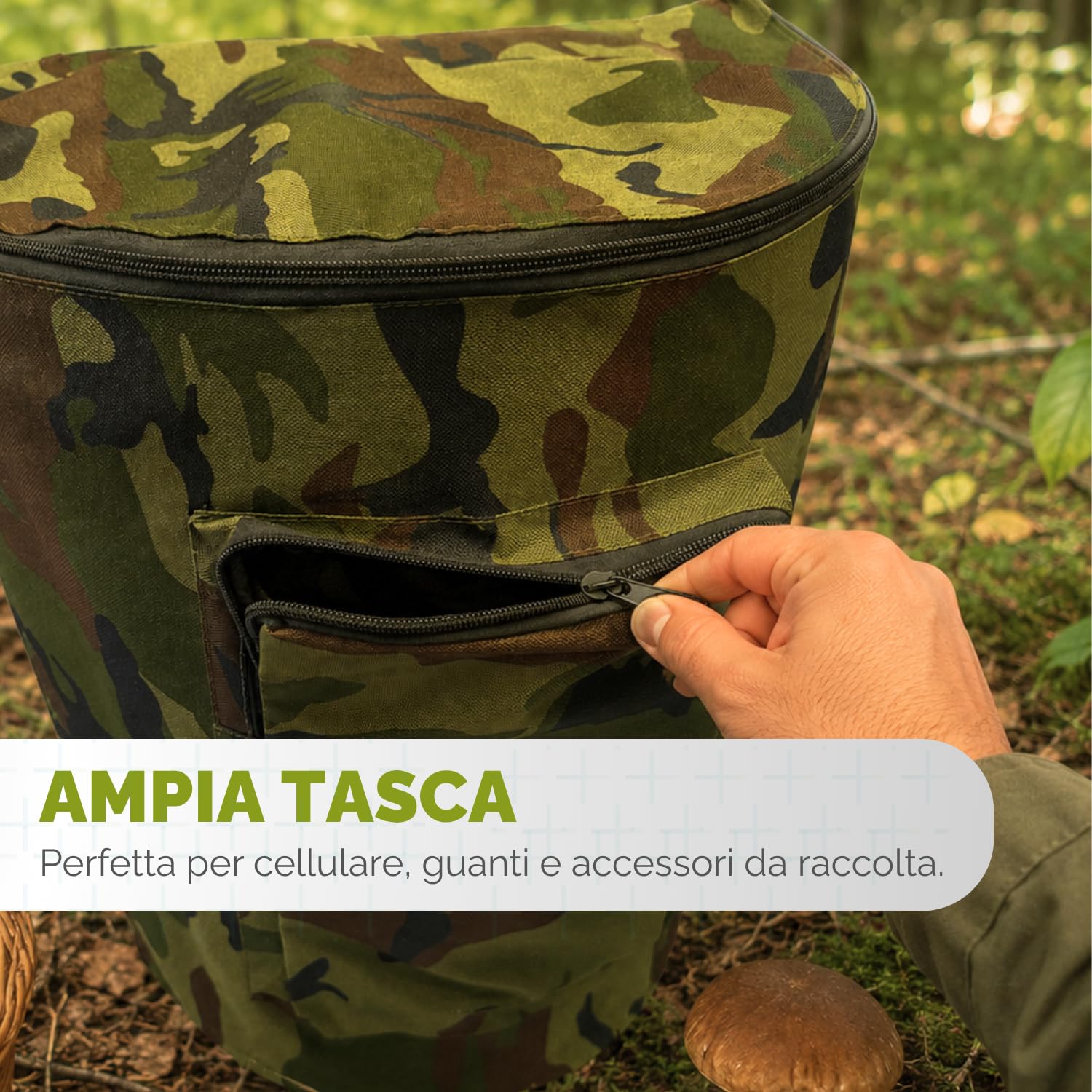 PALUPLUS Zaino con Cesta per Raccolta Funghi color Verde Mimetico, Misura 42x36x46 cm, Tasca Portaoggetti, Schienale con Cuscino Imbottito, Chiusura a Cerniera e Spallacci Regolabili -8599F -2,2