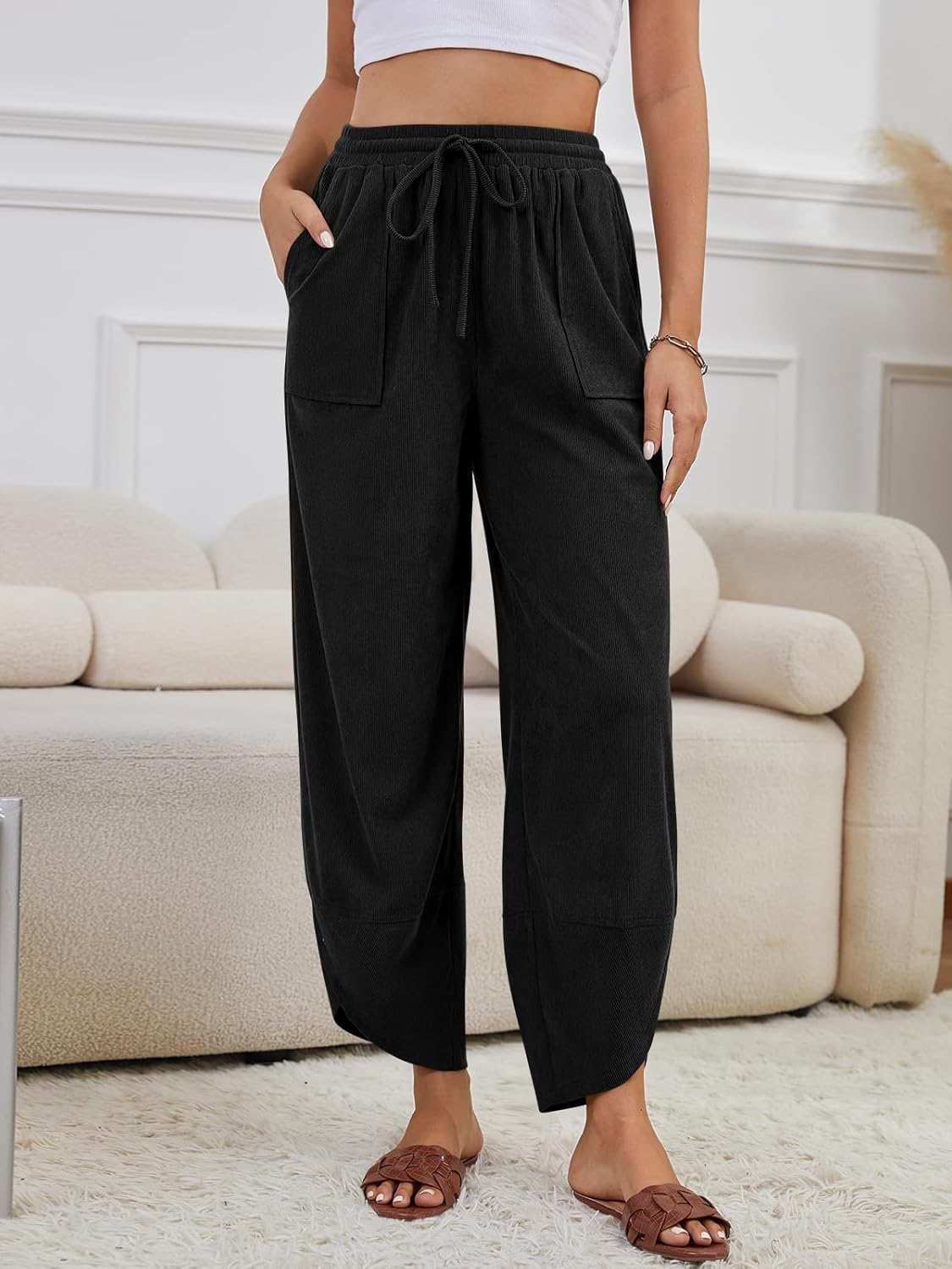 Womens Corduroy Pants Casual Wide Leg Pants Harem Pants Baggy Trousers Drawstring Elastic with Pockets - Image 2