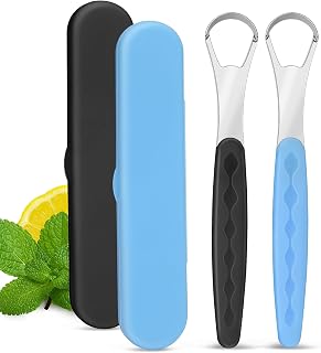 2 Pack Adult Tongue Squeegee, Stone Cleaner with Case for Daily Use at Home and Travel, Keep Mouth Clean, Fresh Breathing, Black and Light Blue Blue