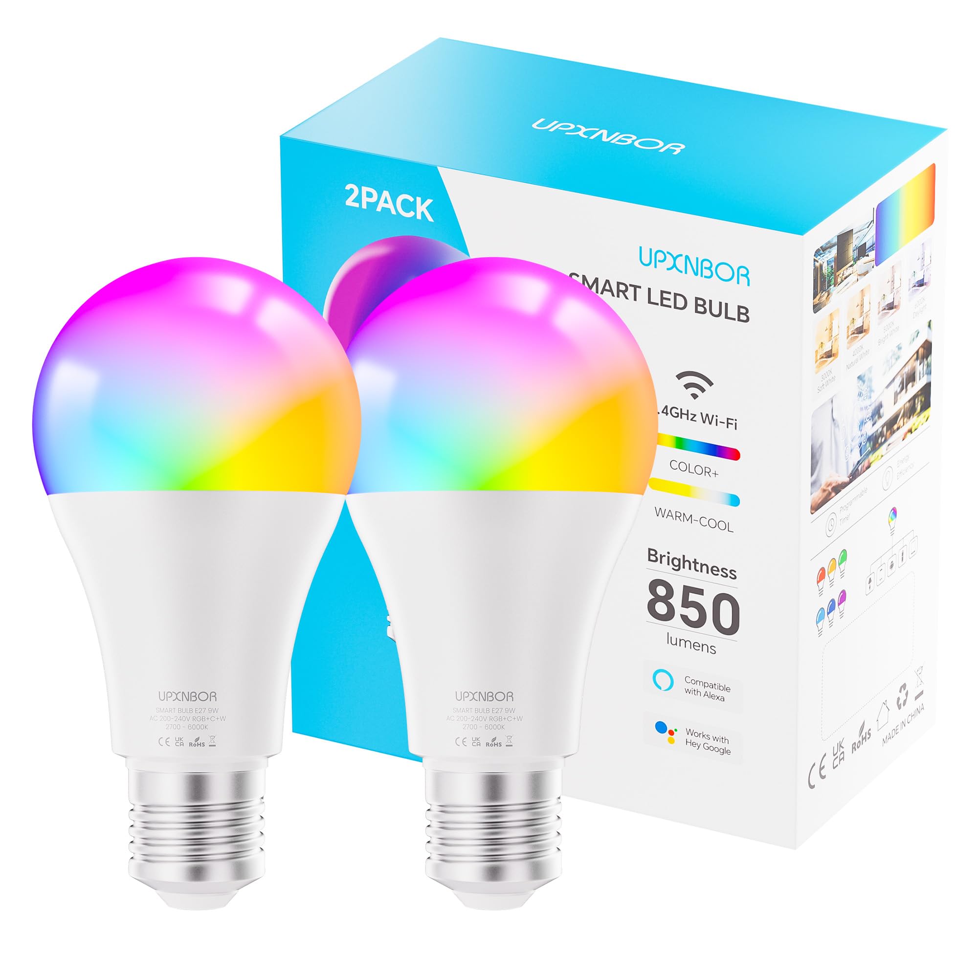 UPXNBOR Smart Glühbirne E27 2er Pack - WLAN LED Lampe RGBWW Mit Alexa Steuerung