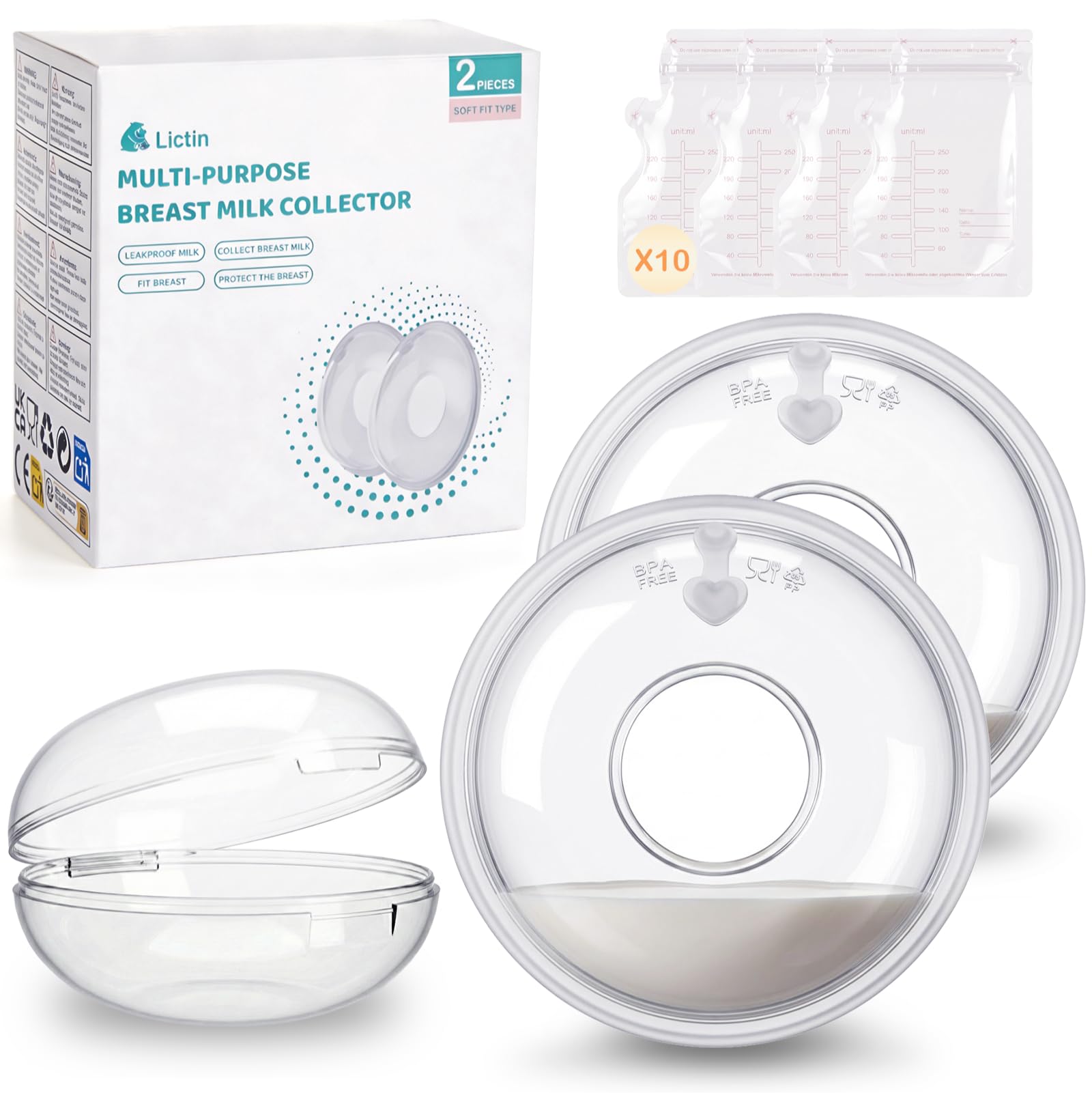 Lictin 2 Stück Milchauffangschalen Stillen, Auffangschale Muttermilch mit 10 Muttermilchbeutel, BPA-frei, einfach zu reinigen, Fassungsvermögen 30 ml