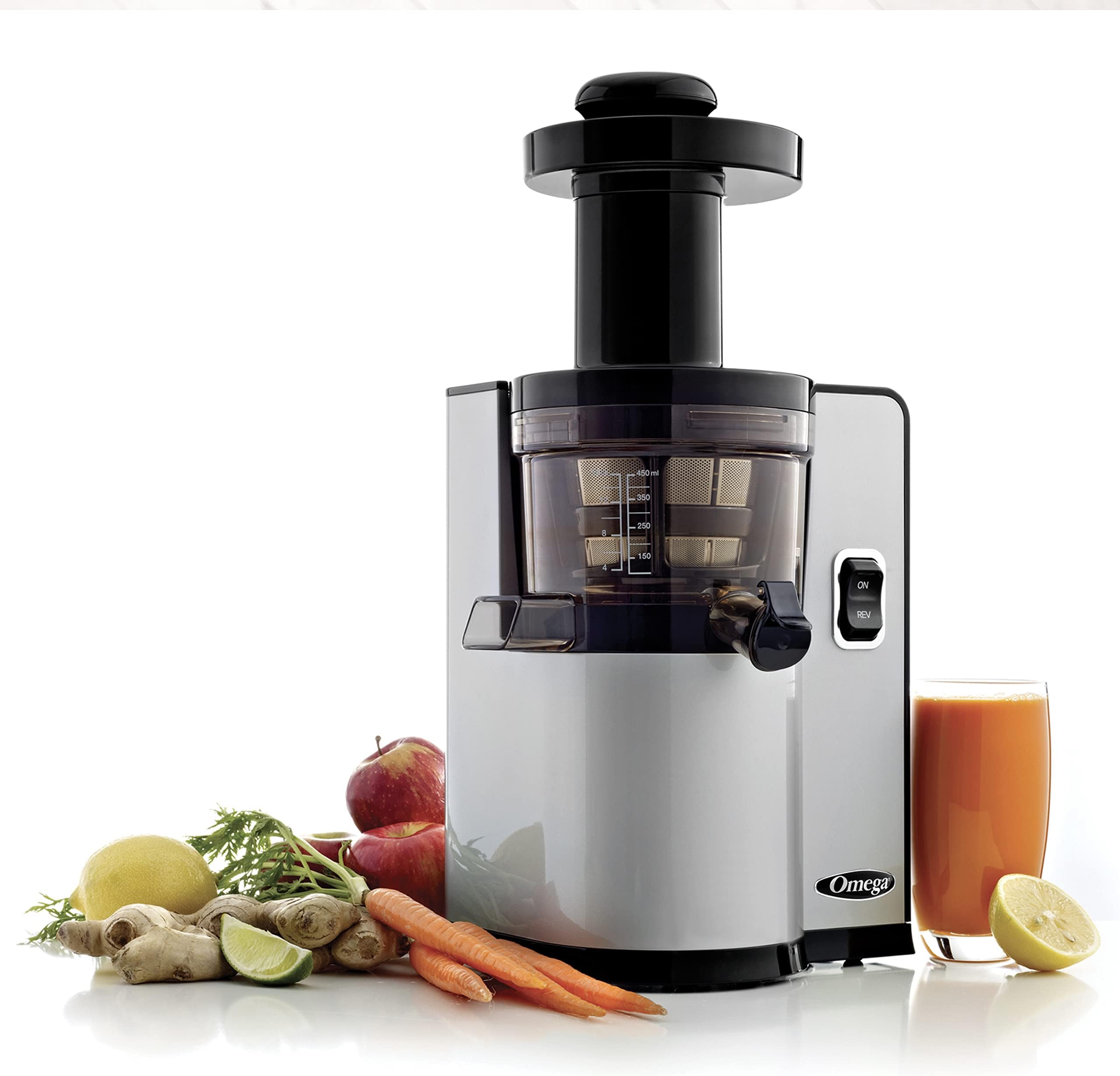 Juicer Cold Press Vertical 43 RPM Slow Masticating Compact Juice Extractor for Fruits and Vegetables Quiet Operation with 3 Stage Auger Automatic Pulp Ejection and No-Drip Tap, 150-Watts, Silver