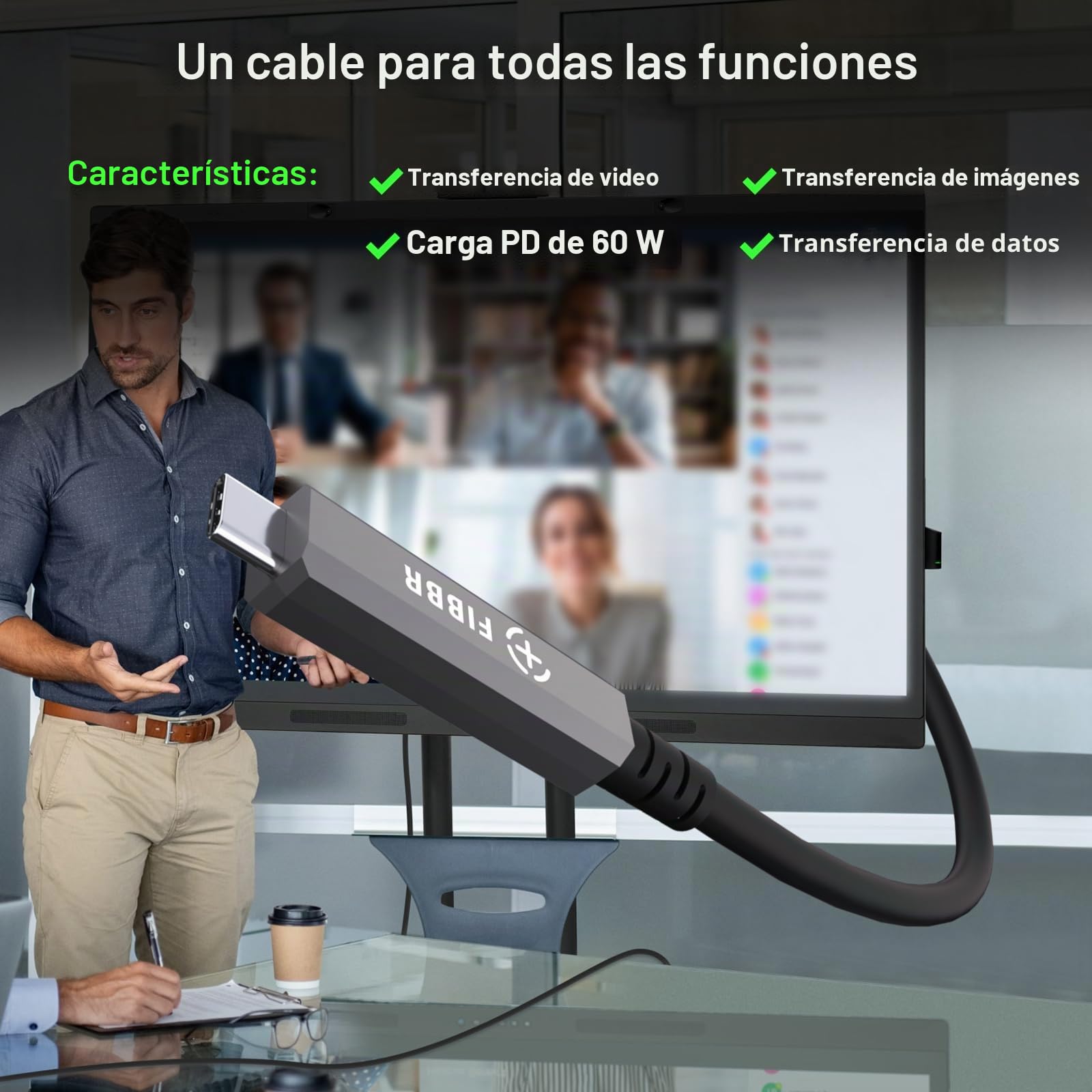 FIBBR 3 en 1 USB C Cable 10M,10Gbps USB C a C Fibra Óptica Cable, 8K Cable USB C Soporta 60W PD para Video Doméstico, Cableado de Monitoreo, Sistema de Visión Artificial, HD Videoconferencia
