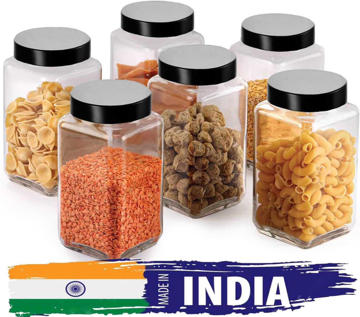 Vency Glass Cubical Square 1000ml Transparent Glass Jars & Containers for Kitchen Pantry, Snacks, Masala, Pickles, Cookies, Dry Fruits, Coffee Storage with Black Plastic Lid (1000ml, Set Of 6)