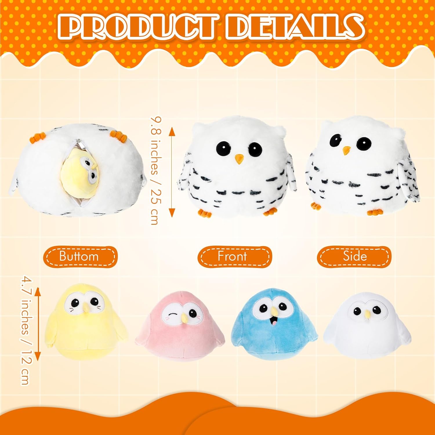Hollowfly 5 Pcs Easter Owls Plush Toy Gift Set 9.5" Mommy Owls with 4 Cute Pastel Babies Stuffed Animal in Zippered Butt Nurturing Plushies Toy Set for Kid Adults Birthday Party Favors Gifts