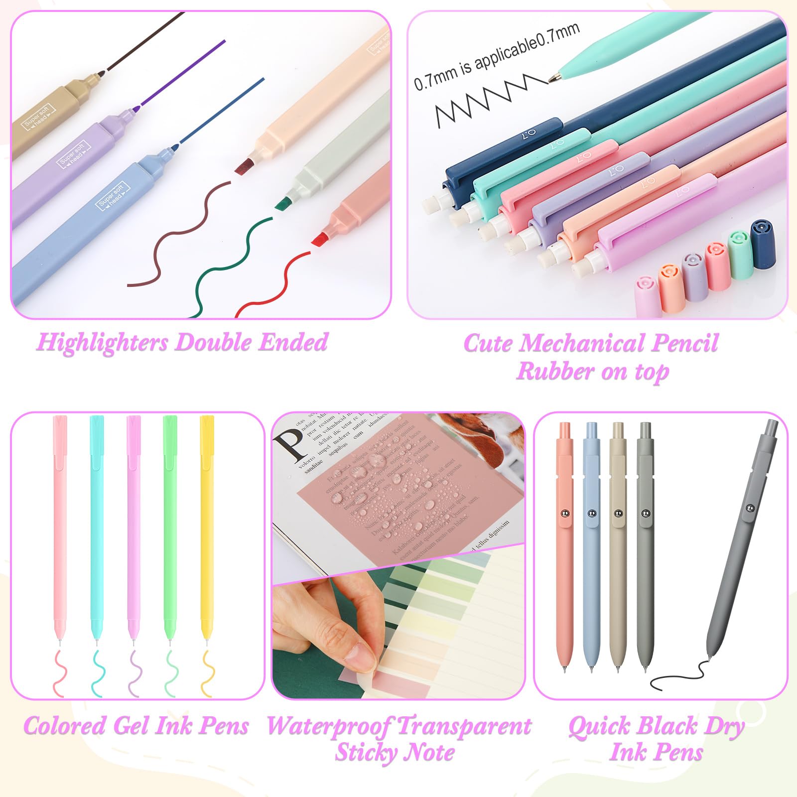 Lincia Ästhetisches Schulbedarf, 6 niedliche Druckbleistifte, 5 farbige Kugelschreiber, 5 schnell trocknende Stifte, 6 Pastell-Textmarker, 6 transparente Haftnotizen, Haftnotizen, Stifteetui für Büro,