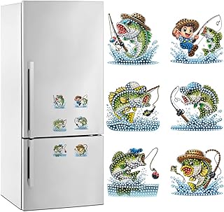 Diamond Art Kits for Adults - 6PCS Fishing Theme 5D Diamond Painting Magnets, Acrylic Special Shape Fridge Decor