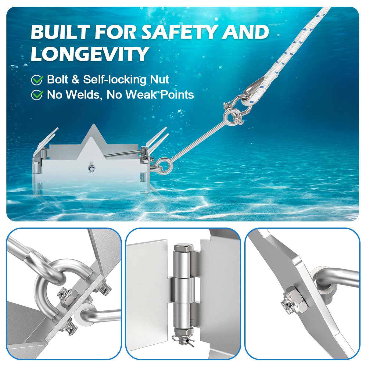 Ancoraggio per barche in acciaio inox, 3,6 kg, 12 rebbi, pieghevole, quadrato, senza saldature, elettrolucidato, compatto e sicuro per piccole imbarcazioni, PVC, Jon Boats, Skiff, pesca in