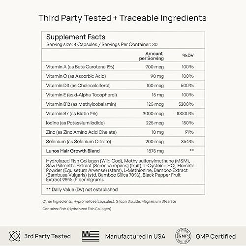 Miniatura 8 de Lunos Suplementos para el crecimiento del cabello  Fórmula de 17 ingredientes con biotina, palma enana americana y colágeno marino  Productos para