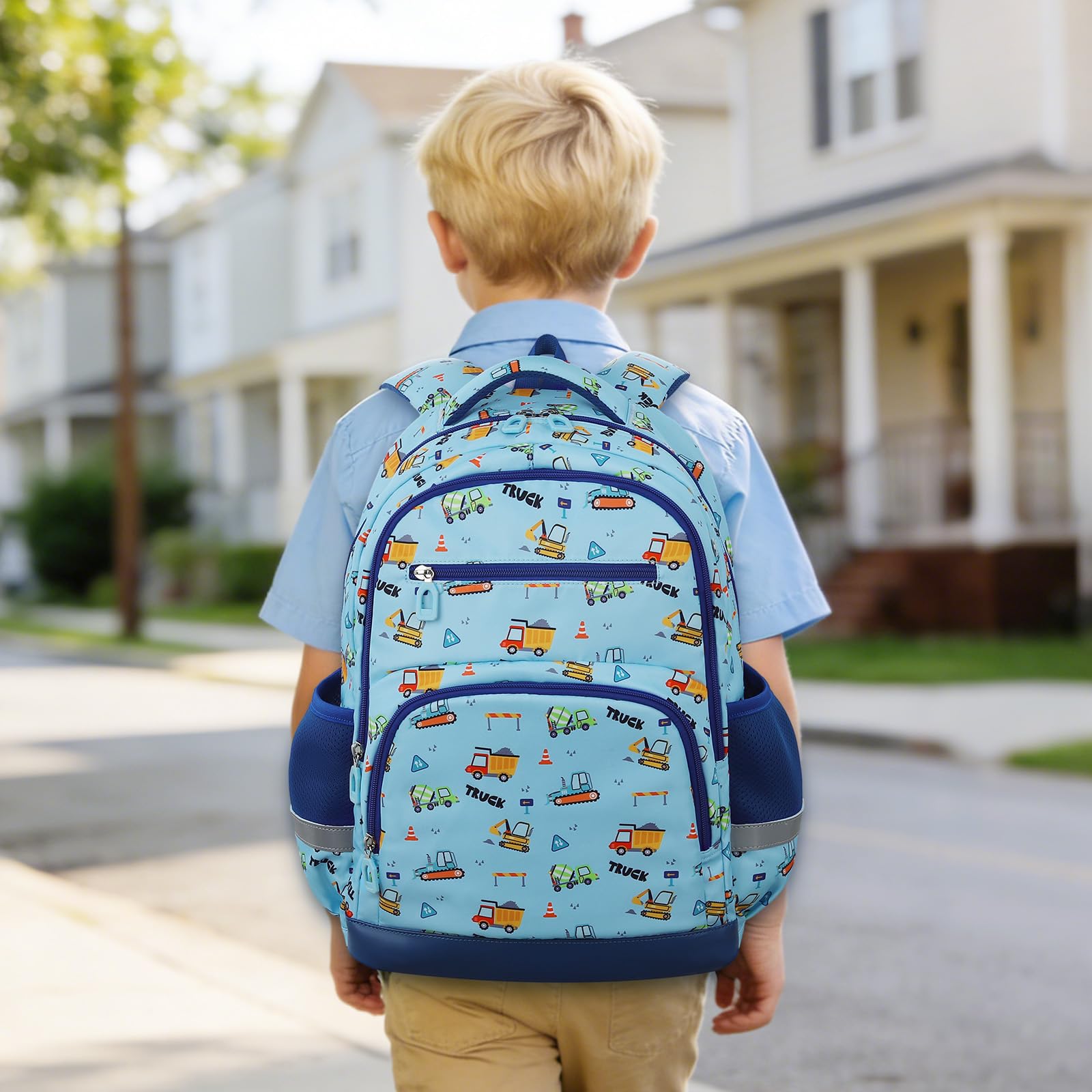 Kinderrucksack Jungen Mädchen für 6-12 Jährige - Baufahrzeug Blau
