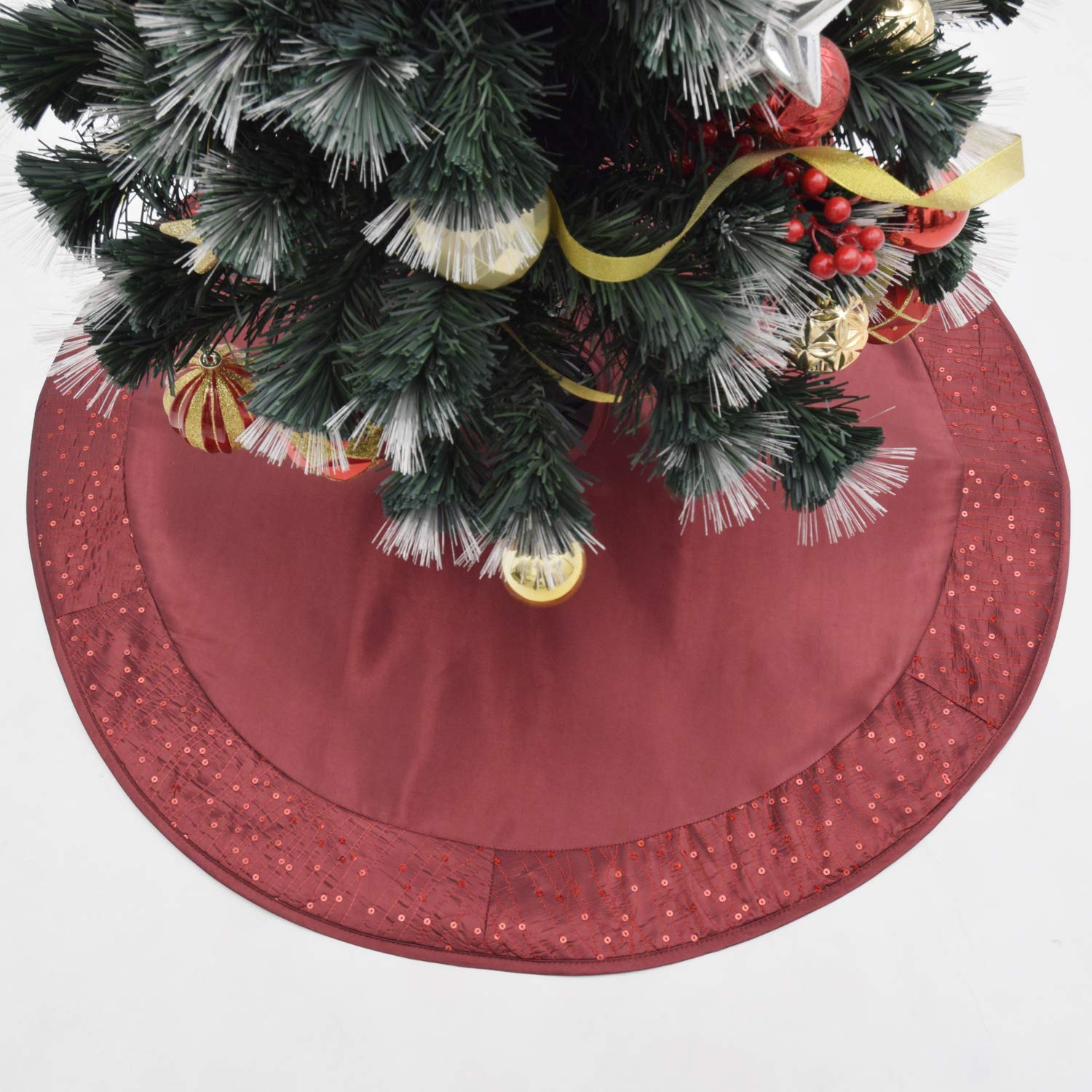 Gireshome 42-Inch Burgundy Faux Silk Christmas Tree Skirt With Glitter Sequin & Handcrafted Pintuck Border – Sparkly Xmas Decoration