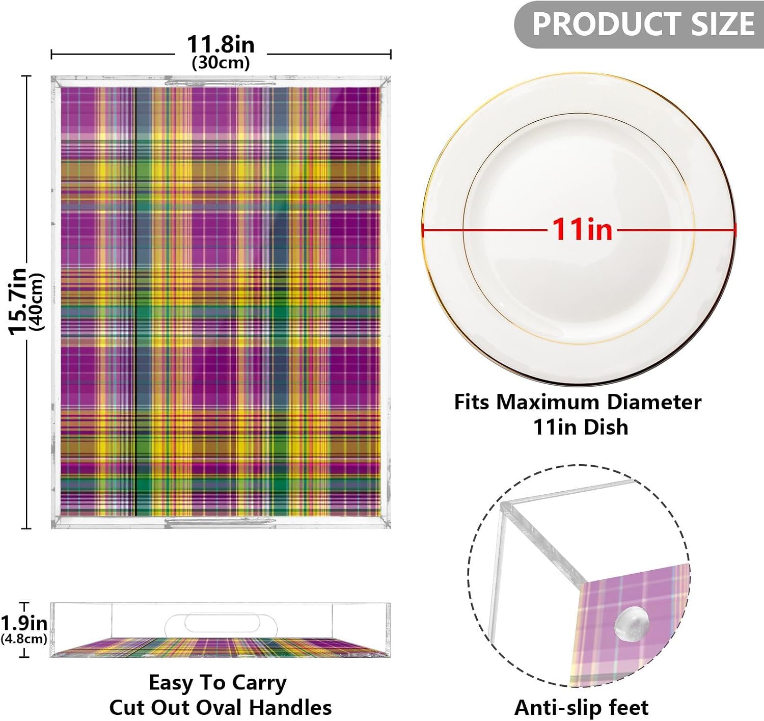 Acrylic Tray Clear Serving Vanity Ottoman Bathroom Coffee Table Countertop Organizer Raised Edge Spill Proof Mardi Gras Plaids Yellow Purple