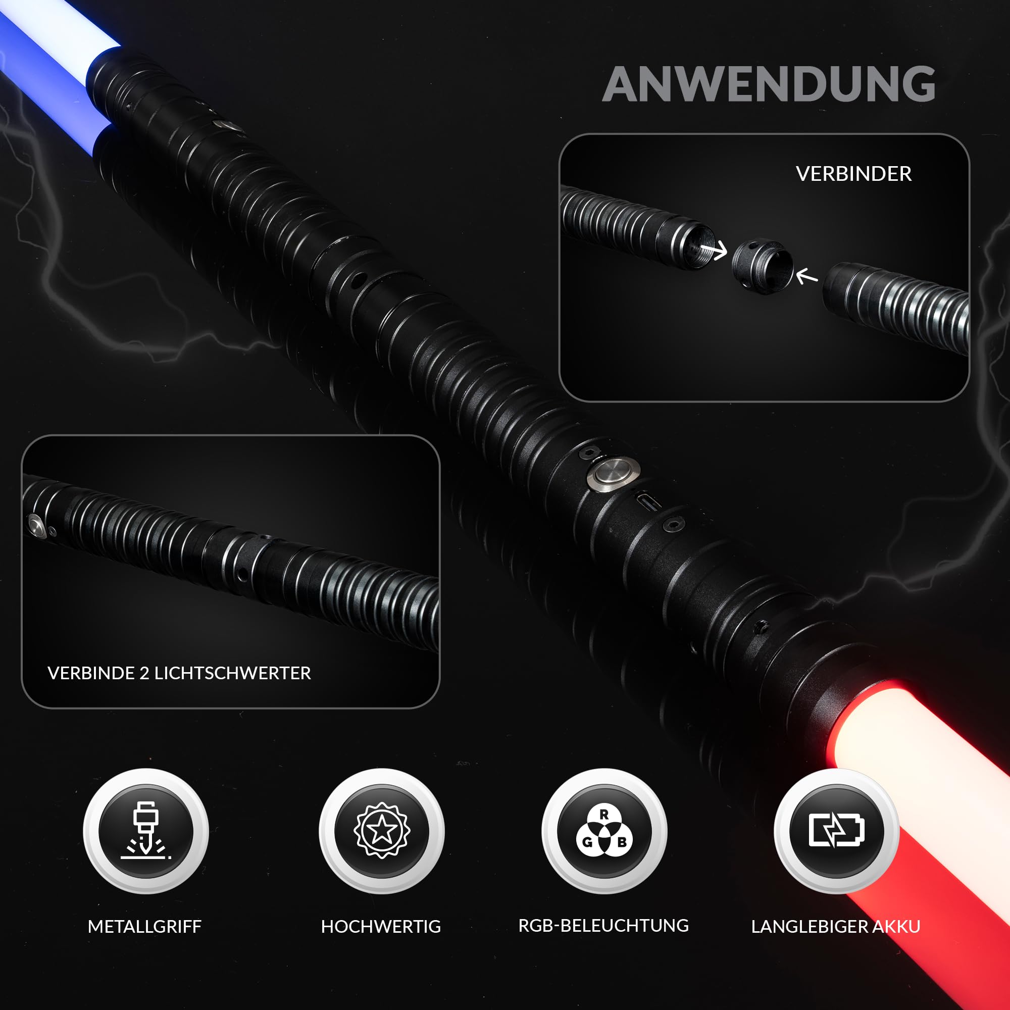 Laserschwert Kinder und Erwachsene - Lichtschwert 2er Set | USB Wiederaufladbares Doppel Leuchtschwert | Doppelklingen Lichtschwerter mit 15 Farben & Soundeffekten | Schwert mit Schwarzem Metallgriff