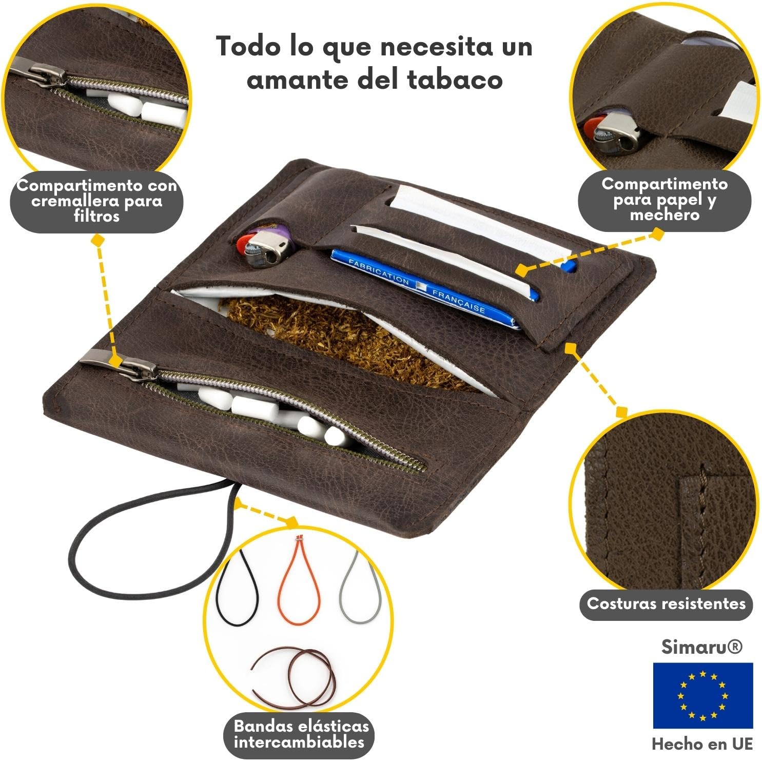 Simaru Tabaquera Pitillera de Piel Napa Italiana para Tabaco de Liar 30 g con Filtros, Papel y Mechero | Cuero Curtido Vegetal con 2 Bandas de Cierre Intercambiables (Marrón)