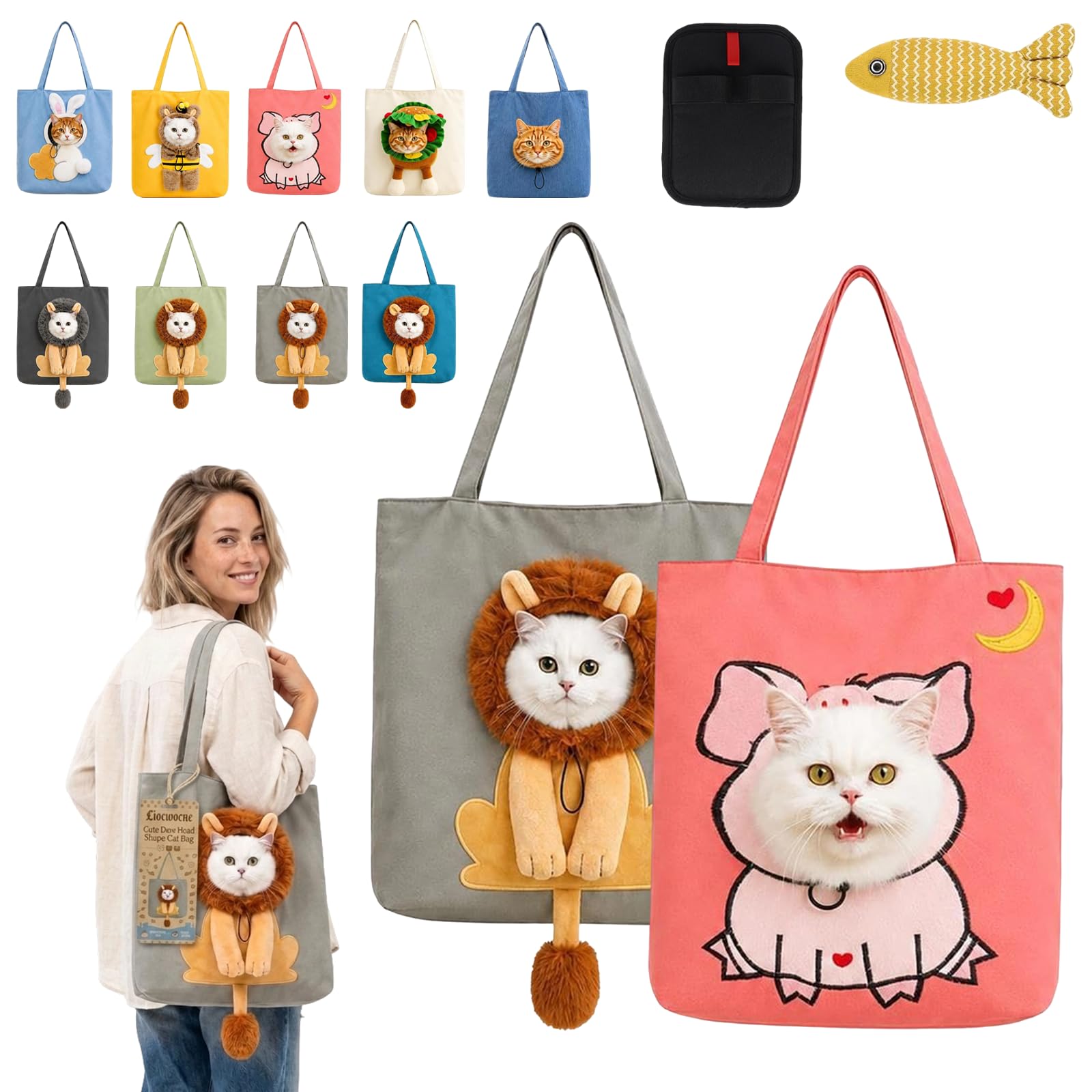 Cute Dew Head Shape Cat Bag, Canvas Pet Carrier for Travel (2PCS-D,L)