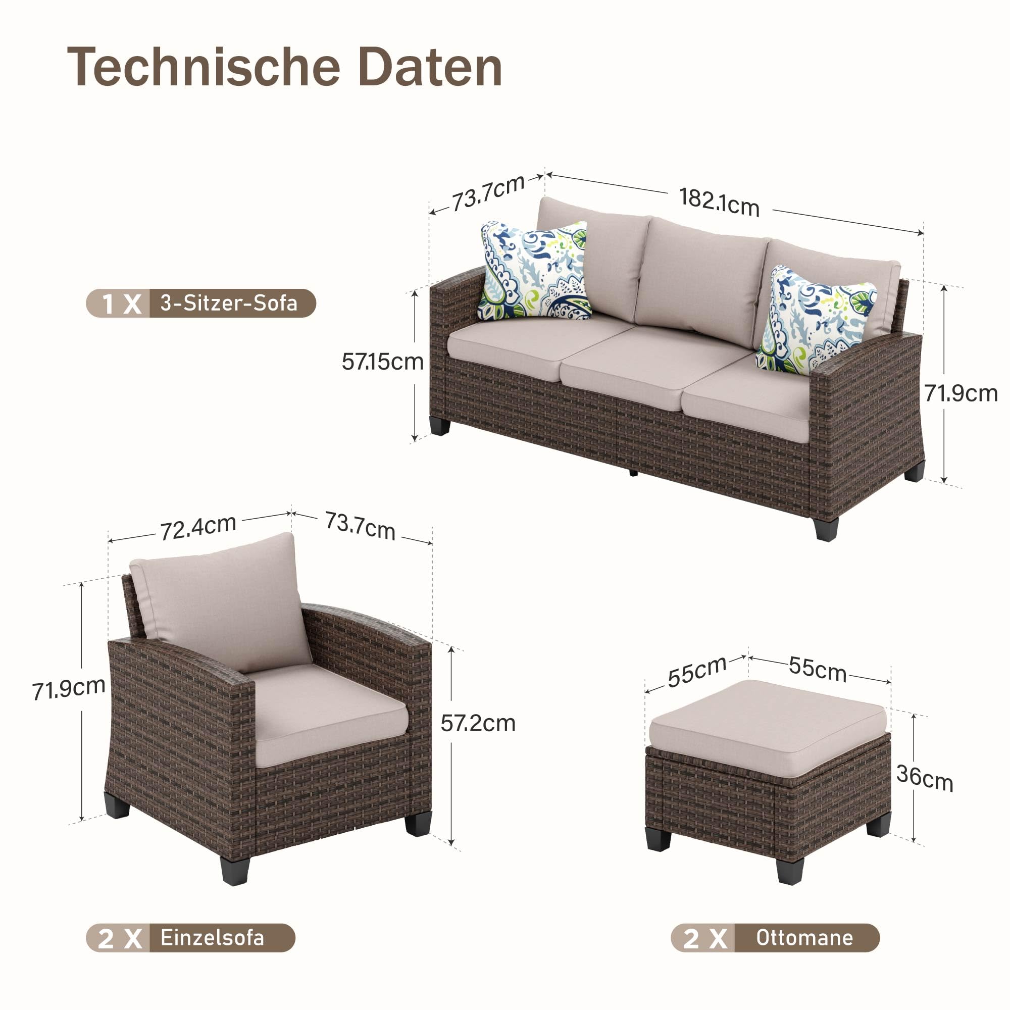 PHI VILLA Gartenmöbel Set Balkonmöbel 5 Stück, Rattan Lounge Möbel Outdoor Gartenlounge Set 7-Sitzer, Terrassenmöbel Modulare Möbel mit Verstärkten Kissen, Beige